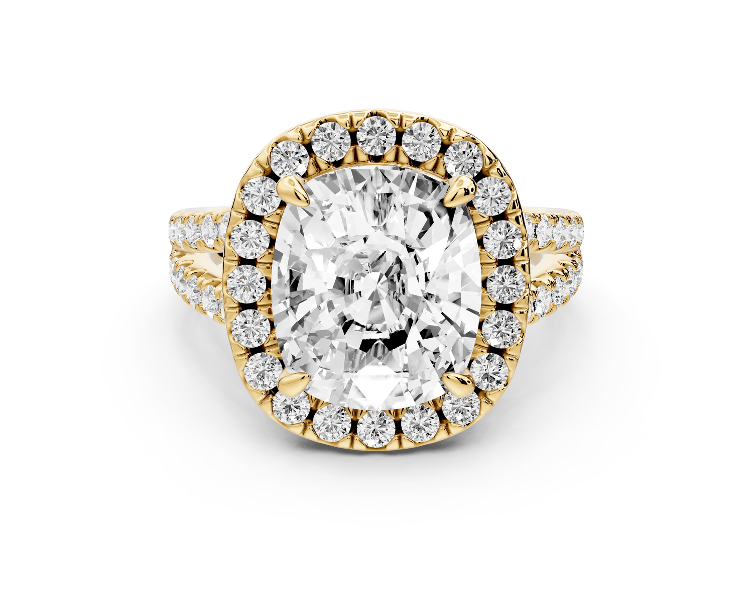 Gabrielle - 5ct 14k yellow gold ecushion Diamond Graduated Halo Pavé Split Shank Engagement Ring - Mr. Alex Jewelry