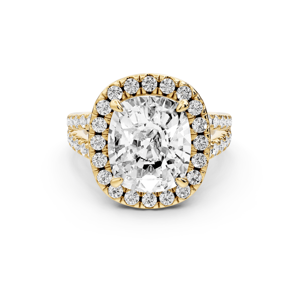 Gabrielle - 5ct 14k yellow gold ecushion Diamond Graduated Halo Pavé Split Shank Engagement Ring - Mr. Alex Jewelry