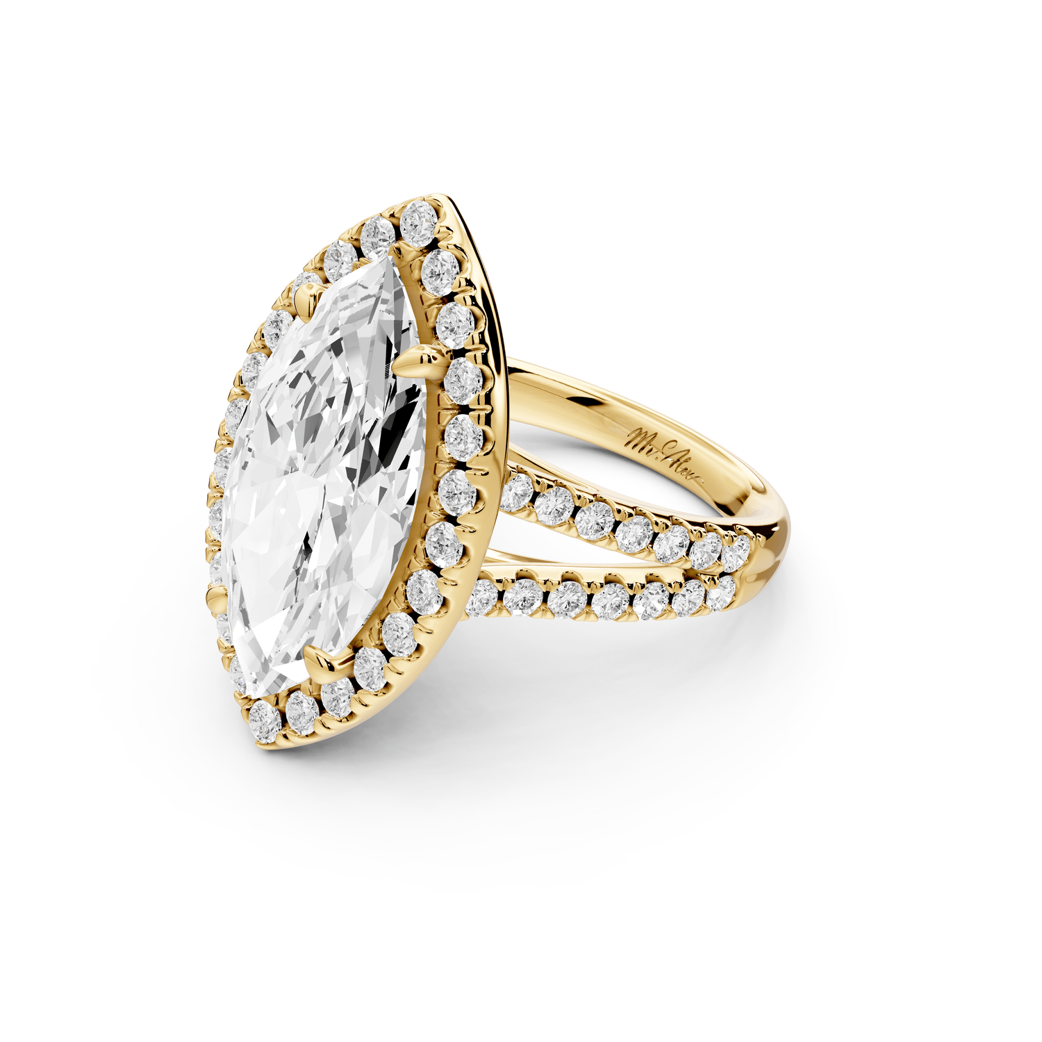 Gabrielle - 5ct 14k yellow gold marquise Diamond Graduated Halo Pavé Split Shank Engagement Ring - Mr. Alex Jewelry