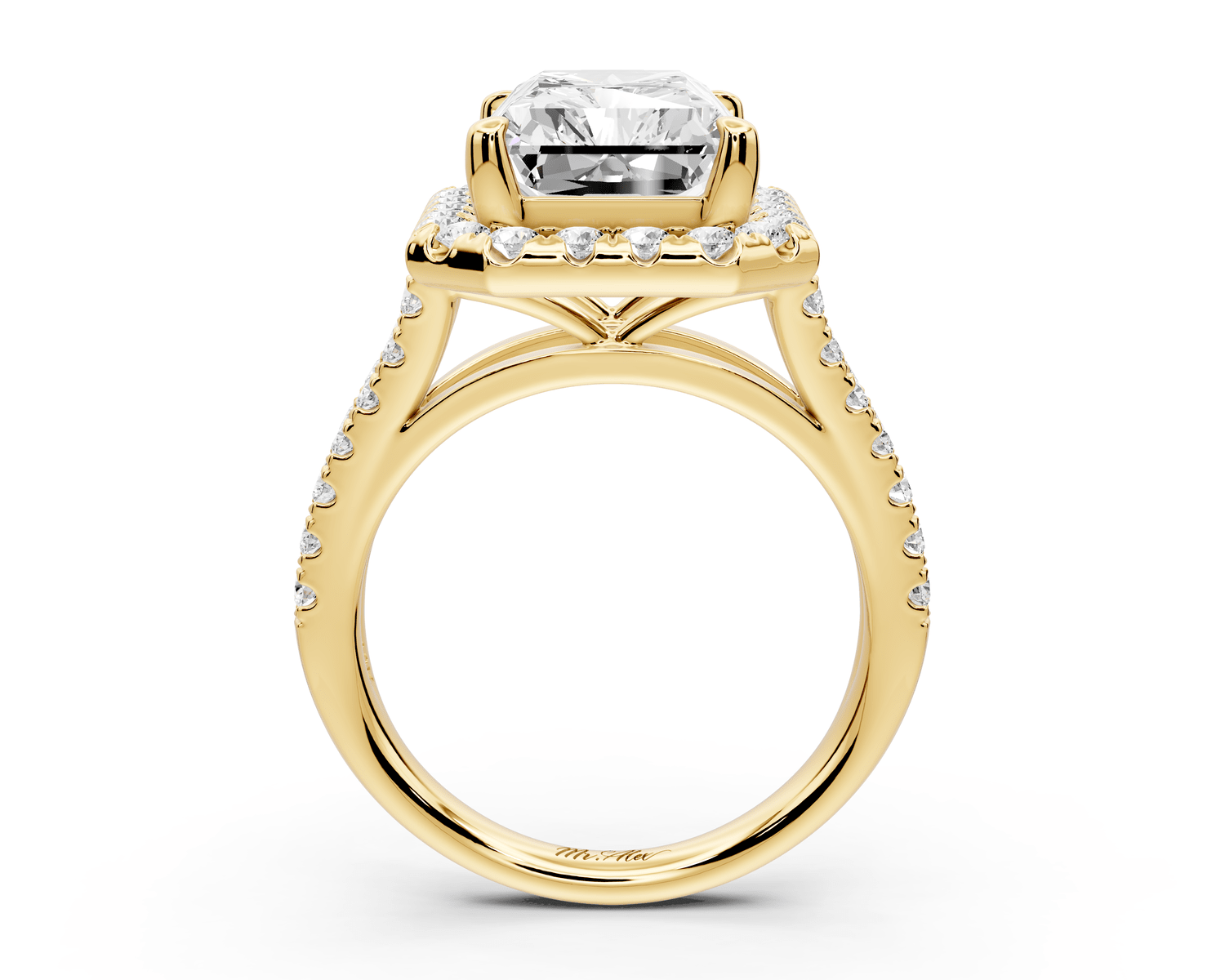 Gabrielle - 5ct 14k yellow gold radiant Diamond Graduated Halo Pavé Split Shank Engagement Ring - Mr. Alex Jewelry