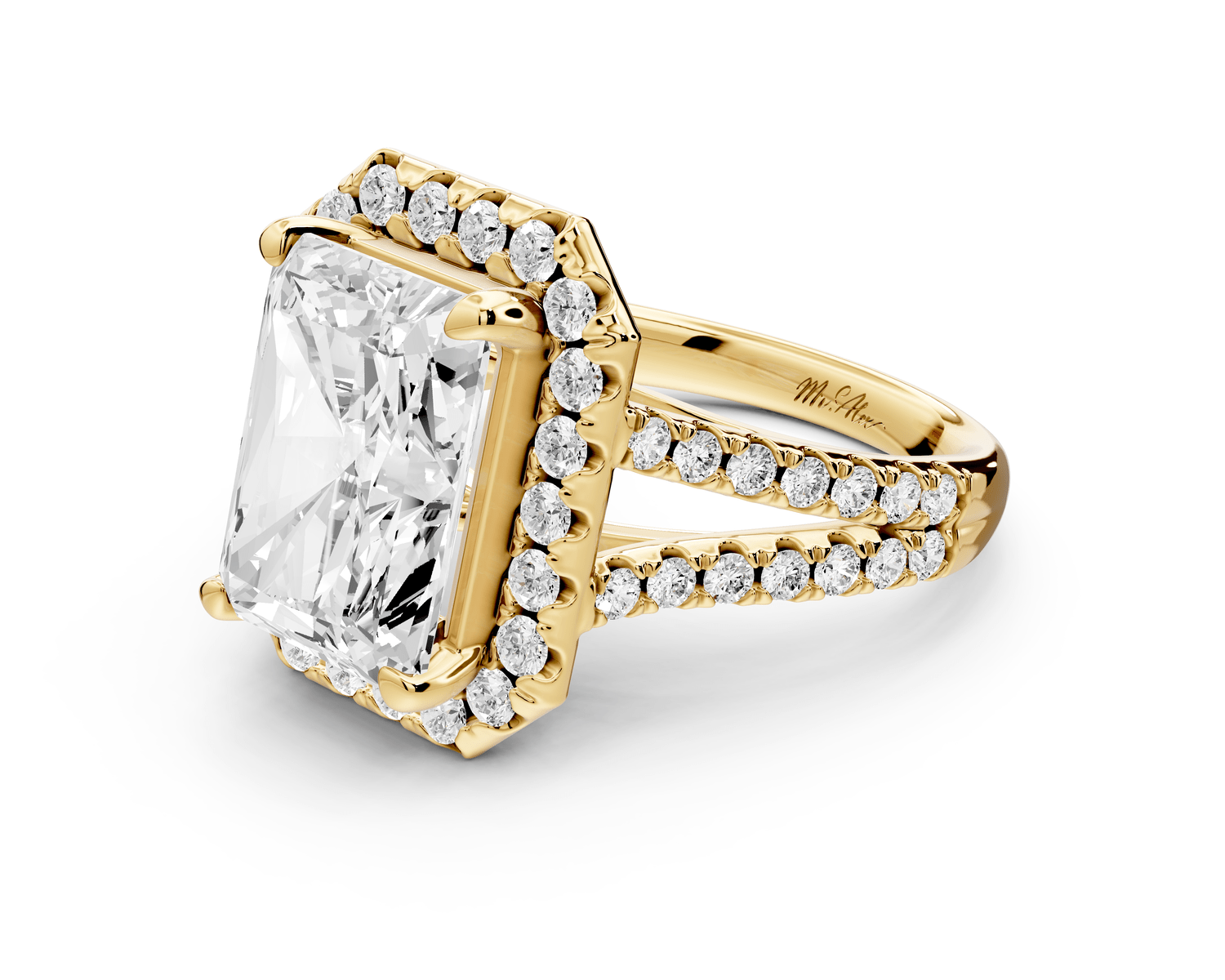 Gabrielle - 5ct 14k yellow gold radiant Diamond Graduated Halo Pavé Split Shank Engagement Ring - Mr. Alex Jewelry