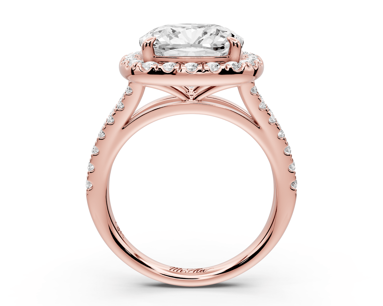 Gabrielle - 5ct 18k rose gold cushion Diamond Graduated Halo Pavé Split Shank Engagement Ring - Mr. Alex Jewelry