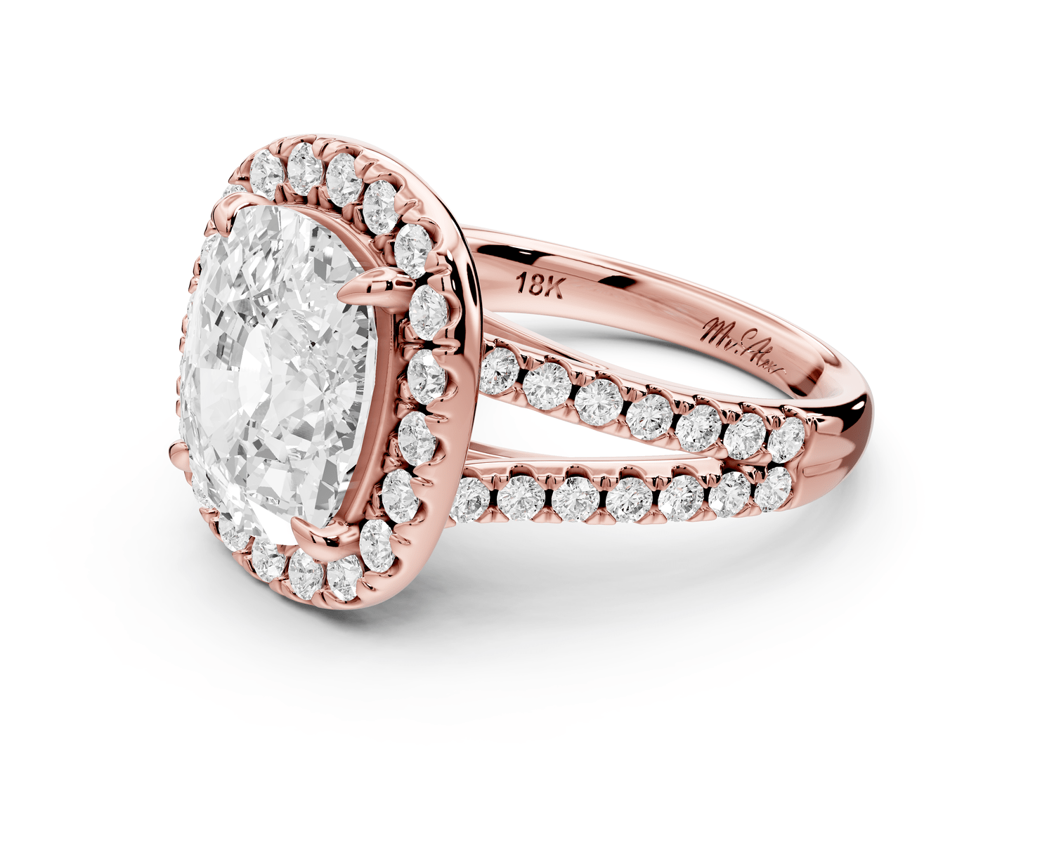 Gabrielle - 5ct 18k rose gold ecushion Diamond Graduated Halo Pavé Split Shank Engagement Ring - Mr. Alex Jewelry