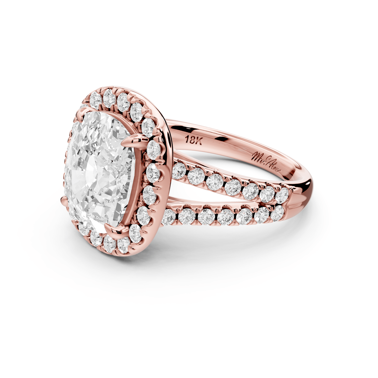 Gabrielle - 5ct 18k rose gold ecushion Diamond Graduated Halo Pavé Split Shank Engagement Ring - Mr. Alex Jewelry