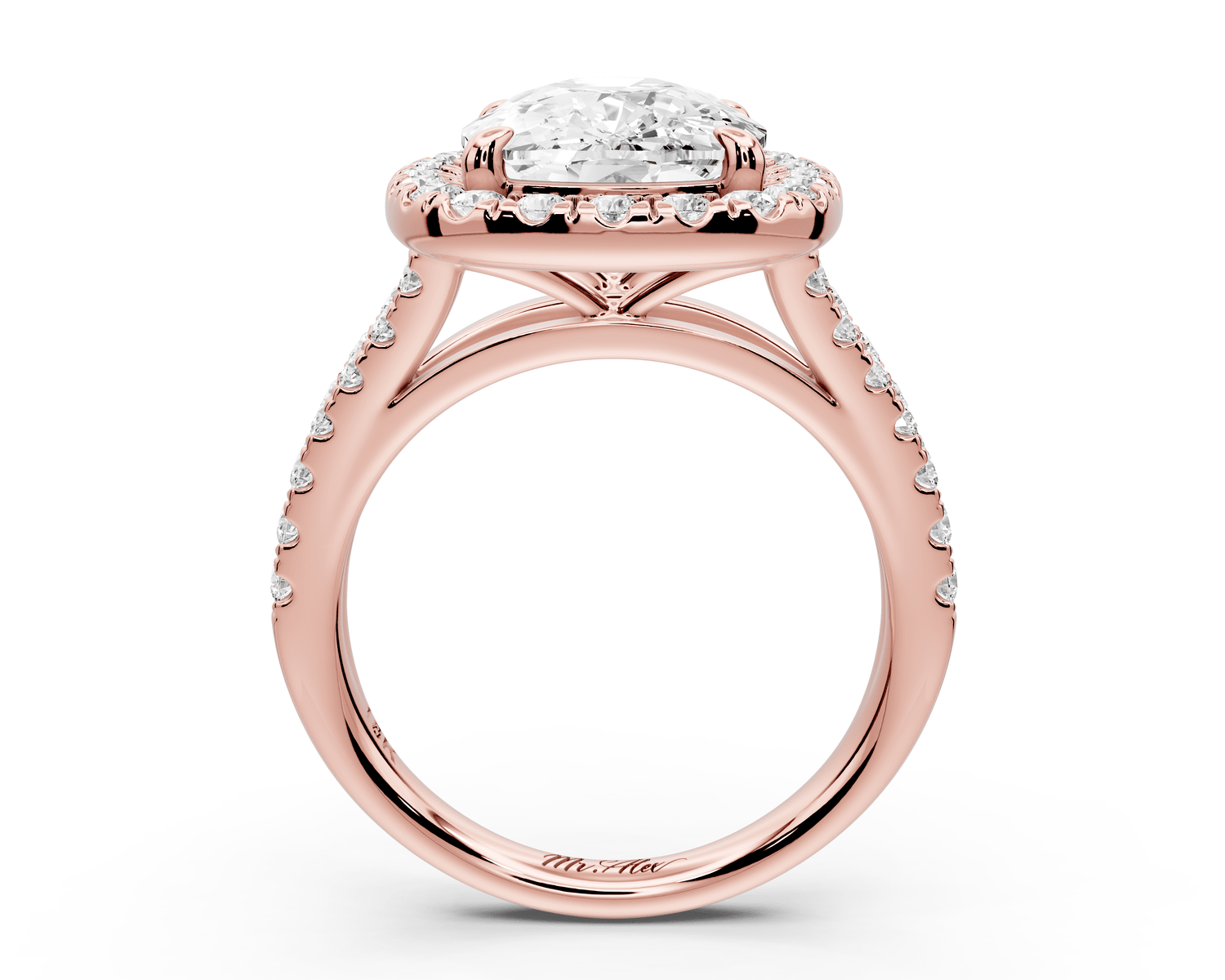 Gabrielle - 5ct 18k rose gold ecushion Diamond Graduated Halo Pavé Split Shank Engagement Ring - Mr. Alex Jewelry