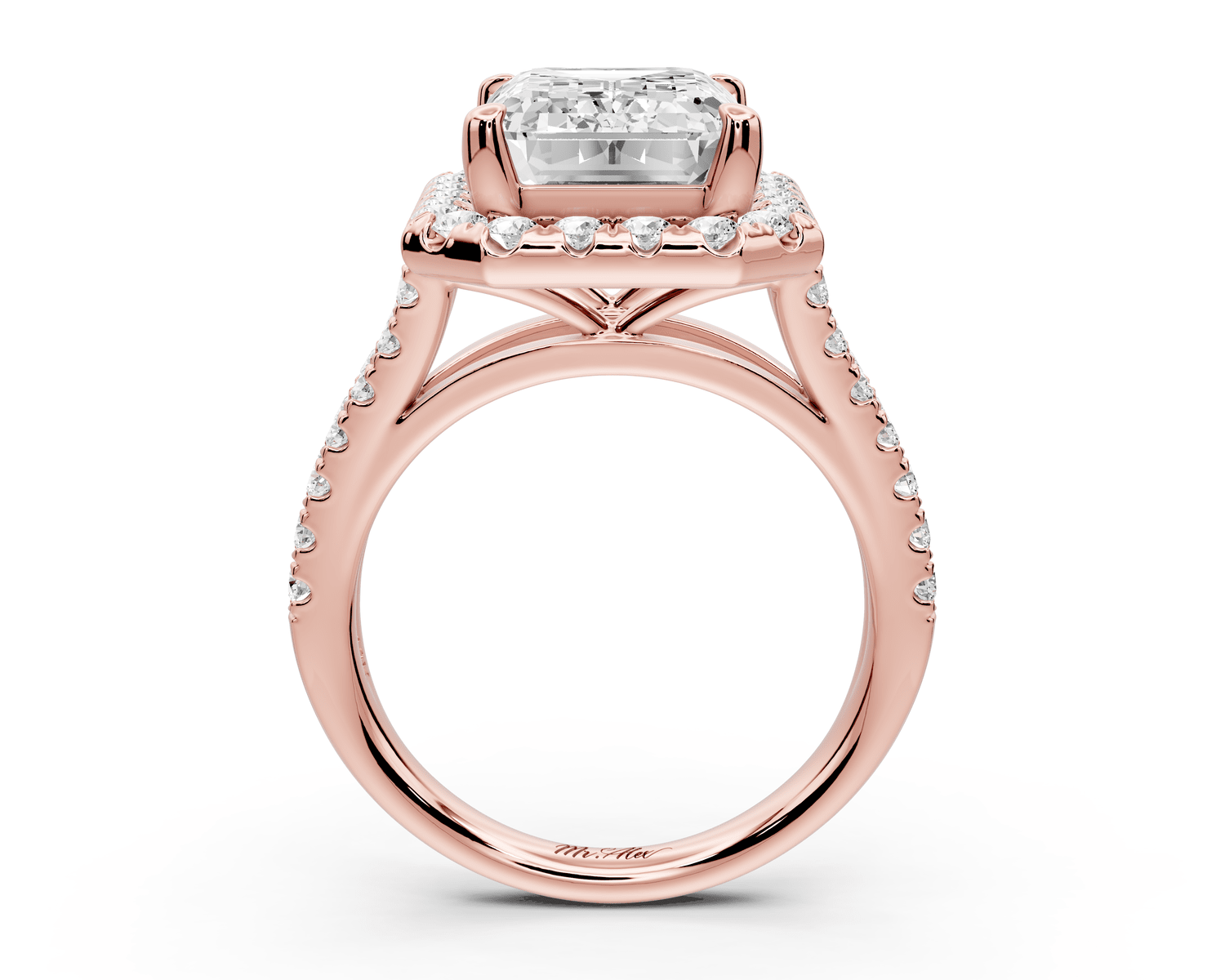 Gabrielle - 5ct 18k rose gold emerald Diamond Graduated Halo Pavé Split Shank Engagement Ring - Mr. Alex Jewelry