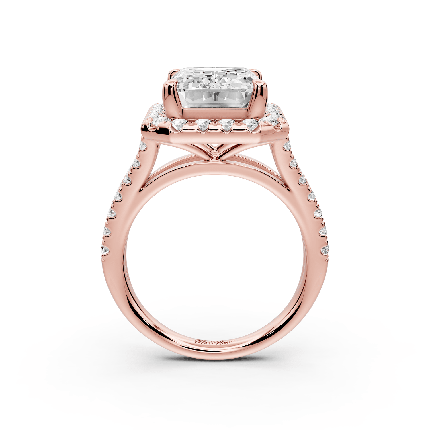 Gabrielle - 5ct 18k rose gold emerald Diamond Graduated Halo Pavé Split Shank Engagement Ring - Mr. Alex Jewelry