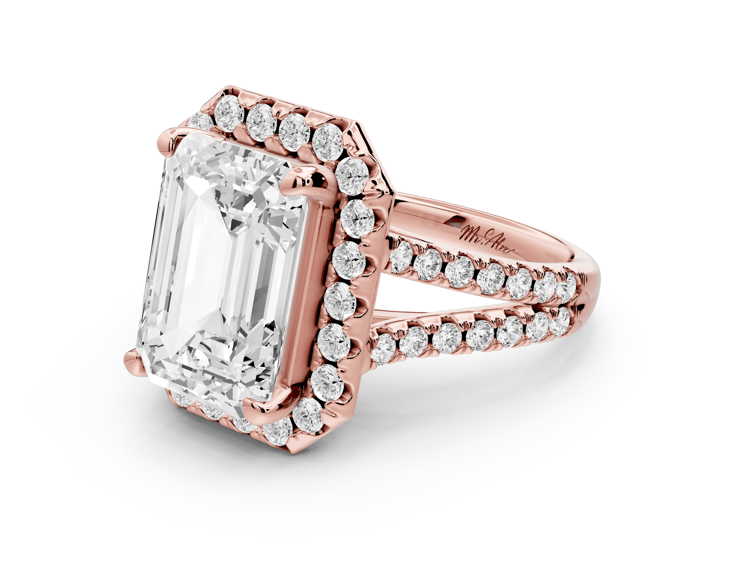 Gabrielle - 5ct 18k rose gold emerald Diamond Graduated Halo Pavé Split Shank Engagement Ring - Mr. Alex Jewelry
