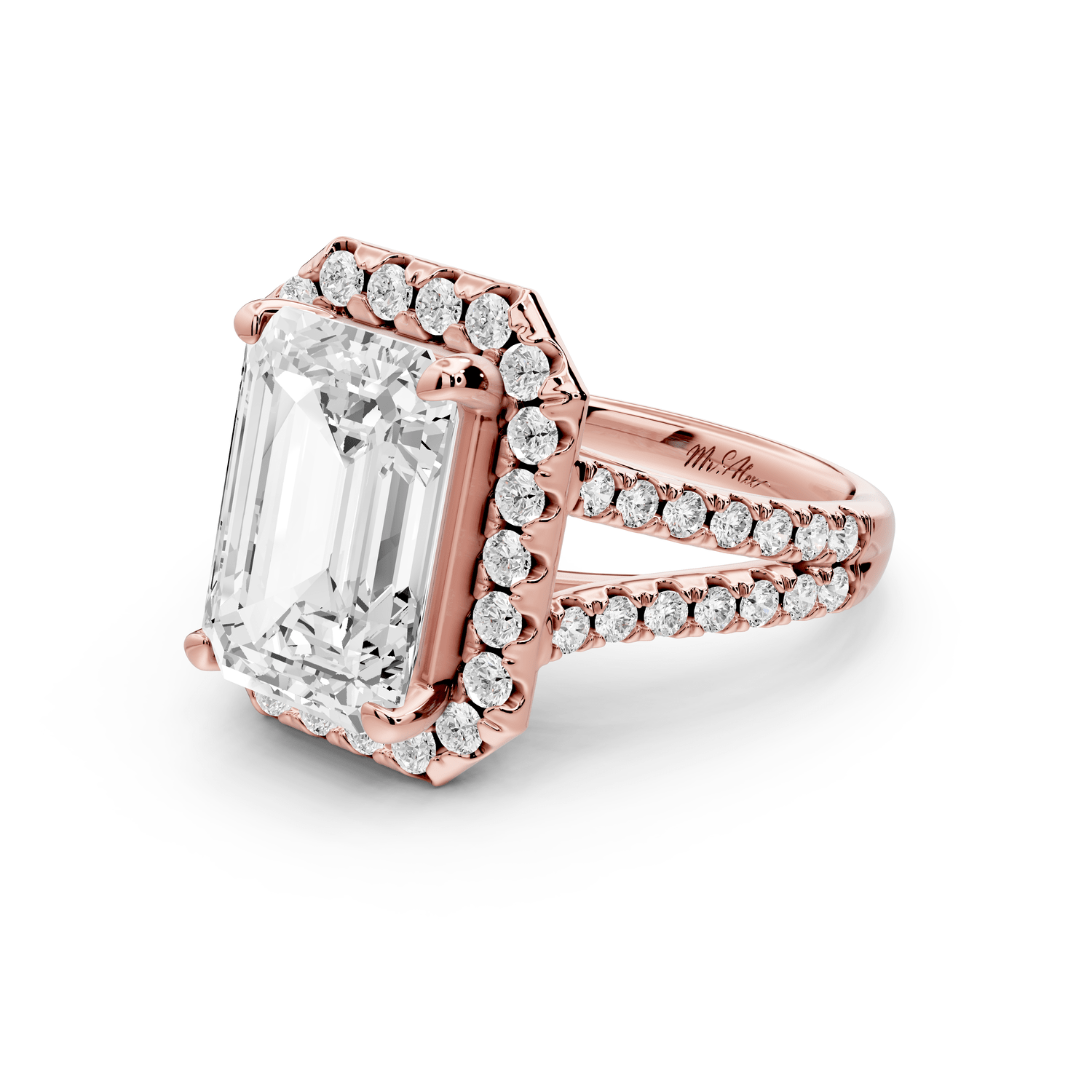 Gabrielle - 5ct 18k rose gold emerald Diamond Graduated Halo Pavé Split Shank Engagement Ring - Mr. Alex Jewelry