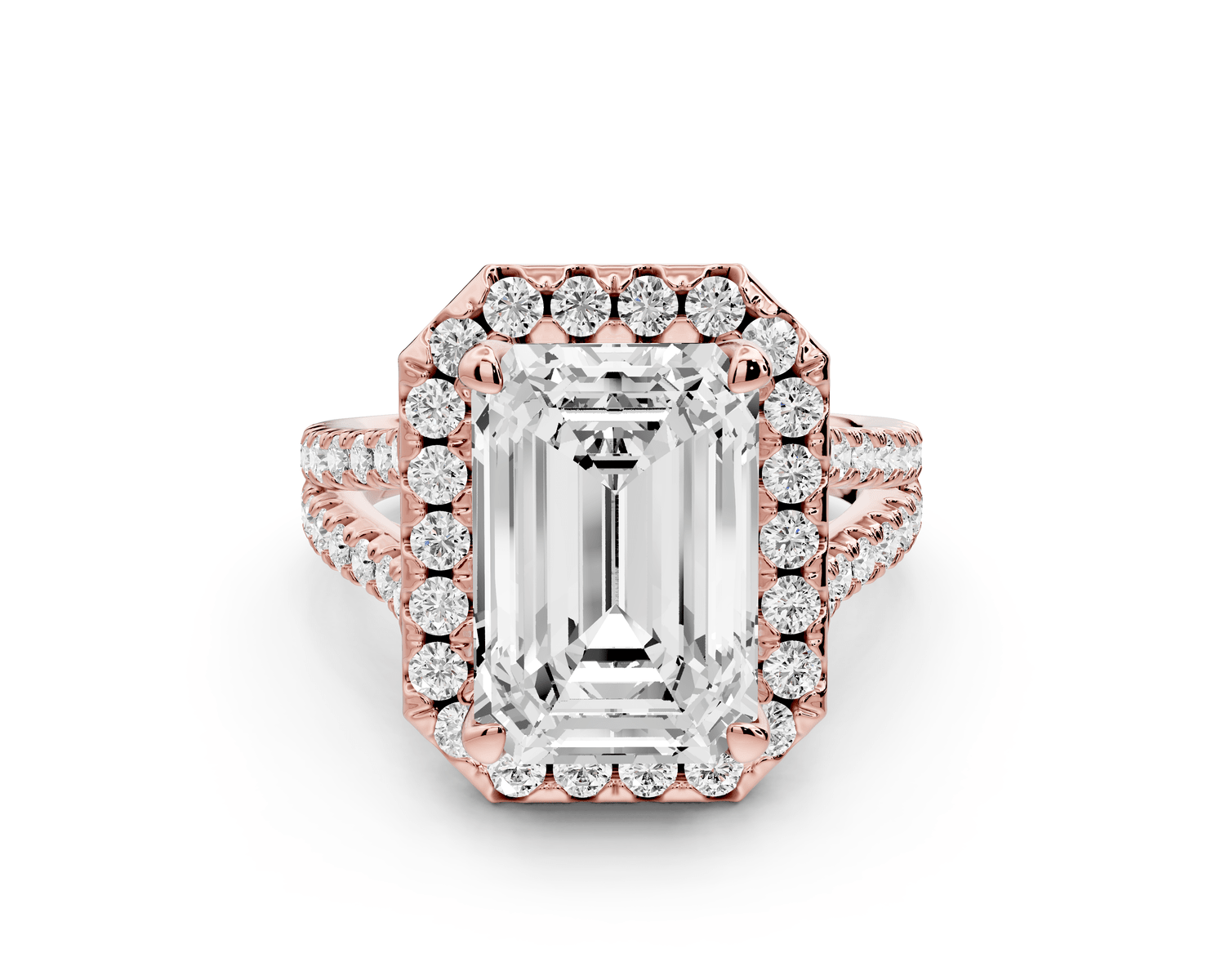 Gabrielle - 5ct 18k rose gold emerald Diamond Graduated Halo Pavé Split Shank Engagement Ring - Mr. Alex Jewelry