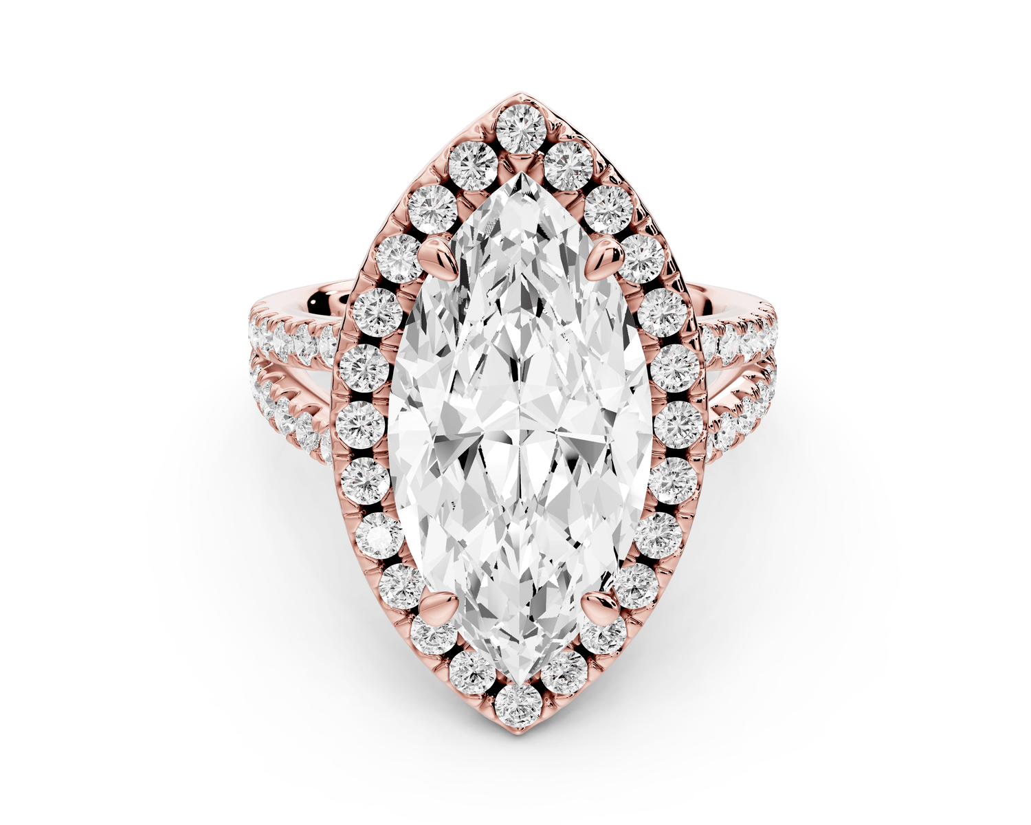 Gabrielle - 5ct 18k rose gold marquise Diamond Graduated Halo Pavé Split Shank Engagement Ring - Mr. Alex Jewelry