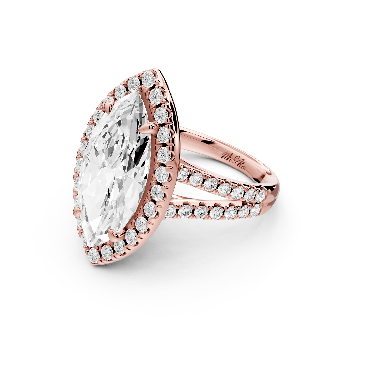 Gabrielle - 5ct 18k rose gold marquise Diamond Graduated Halo Pavé Split Shank Engagement Ring - Mr. Alex Jewelry