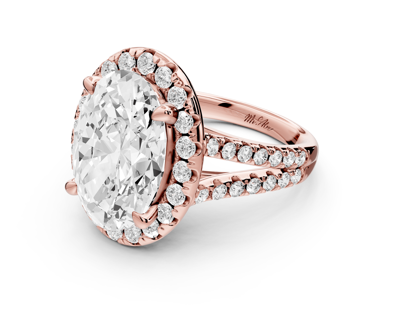 Gabrielle - 5ct 18k rose gold oval Diamond Graduated Halo Pavé Split Shank Engagement Ring - Mr. Alex Jewelry