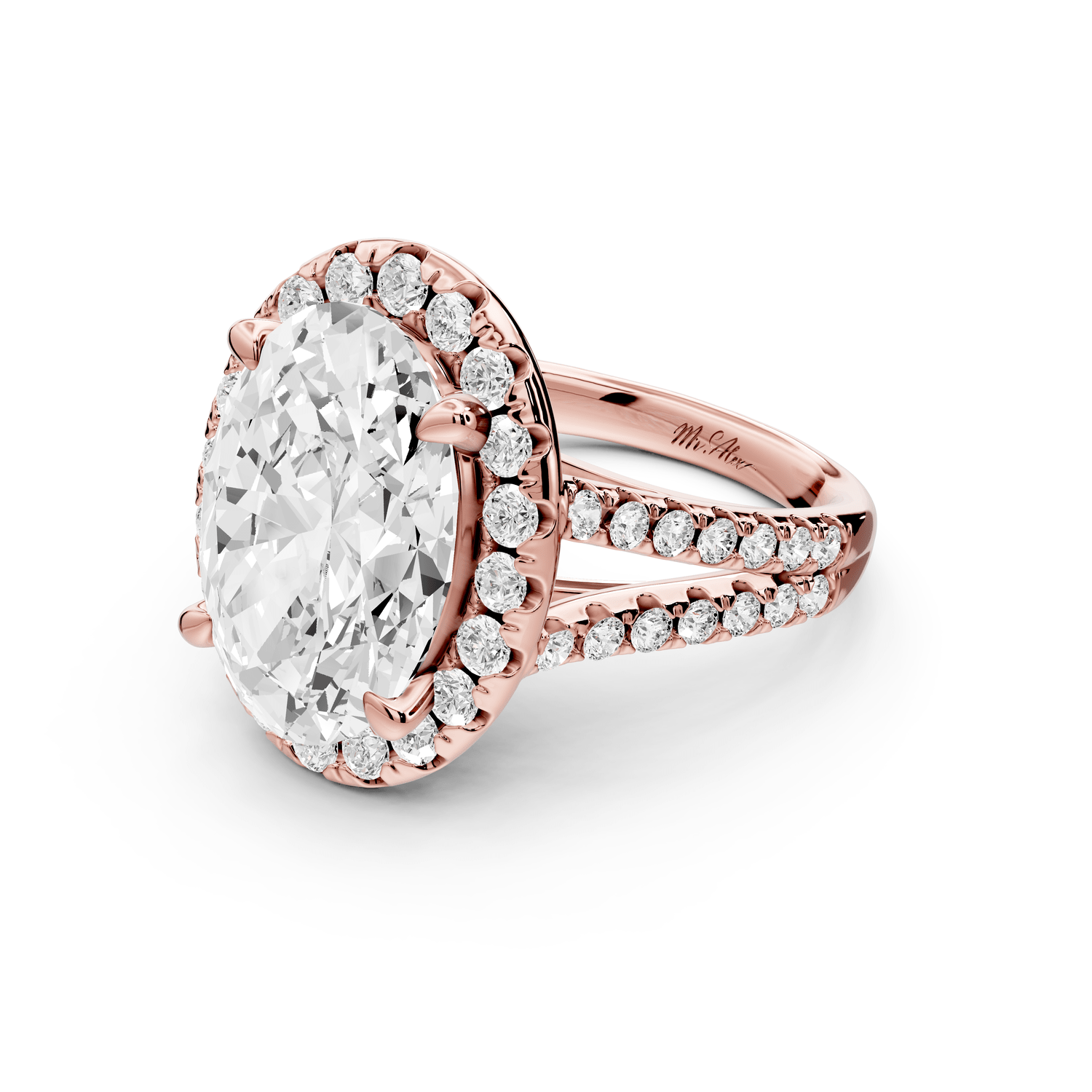 Gabrielle - 5ct 18k rose gold oval Diamond Graduated Halo Pavé Split Shank Engagement Ring - Mr. Alex Jewelry