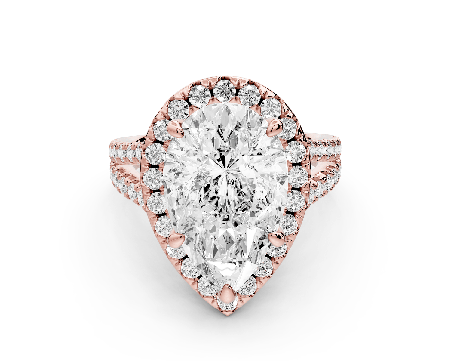 Gabrielle - 5ct 18k rose gold pear Diamond Graduated Halo Pavé Split Shank Engagement Ring - Mr. Alex Jewelry