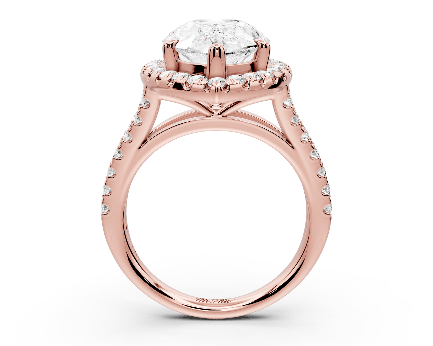 Gabrielle - 5ct 18k rose gold pear Diamond Graduated Halo Pavé Split Shank Engagement Ring - Mr. Alex Jewelry