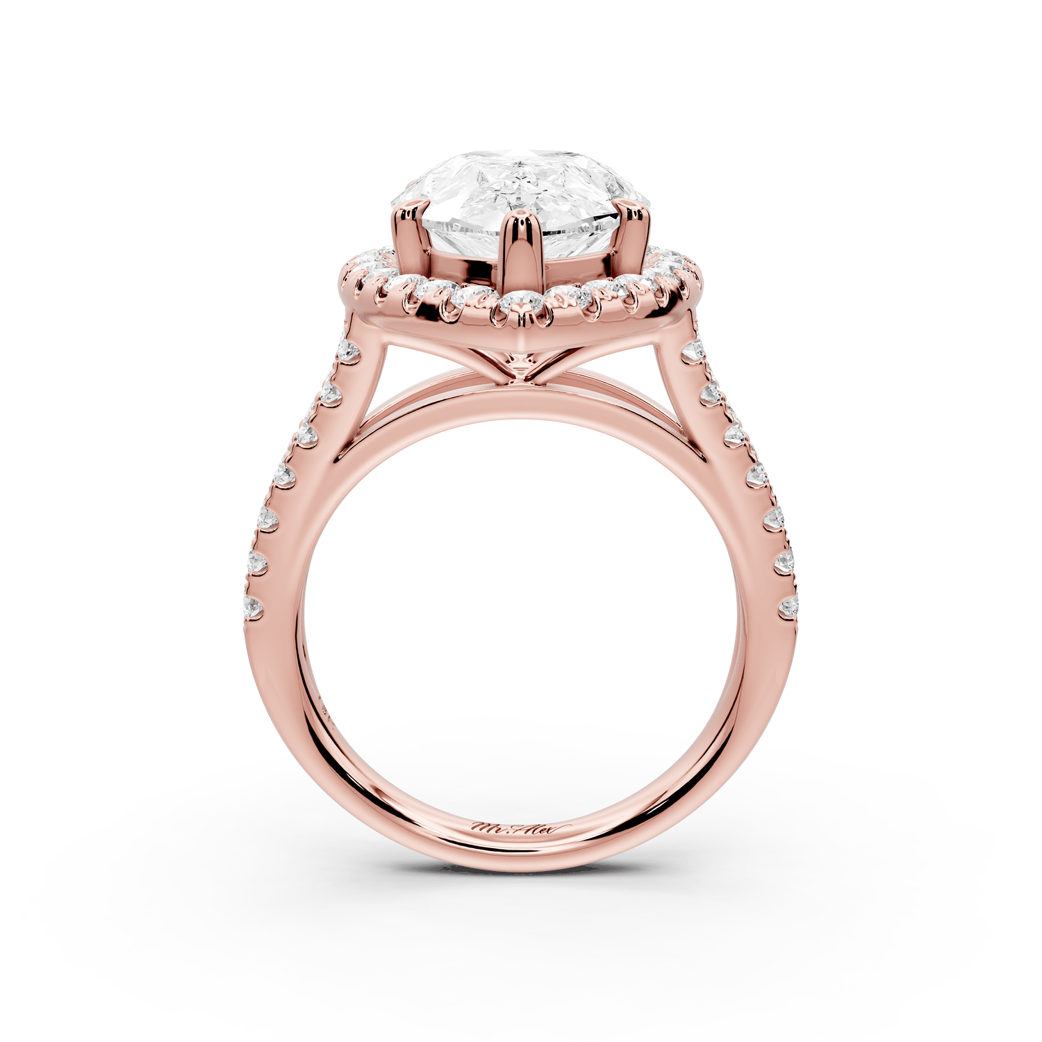 Gabrielle - 5ct 18k rose gold pear Diamond Graduated Halo Pavé Split Shank Engagement Ring - Mr. Alex Jewelry