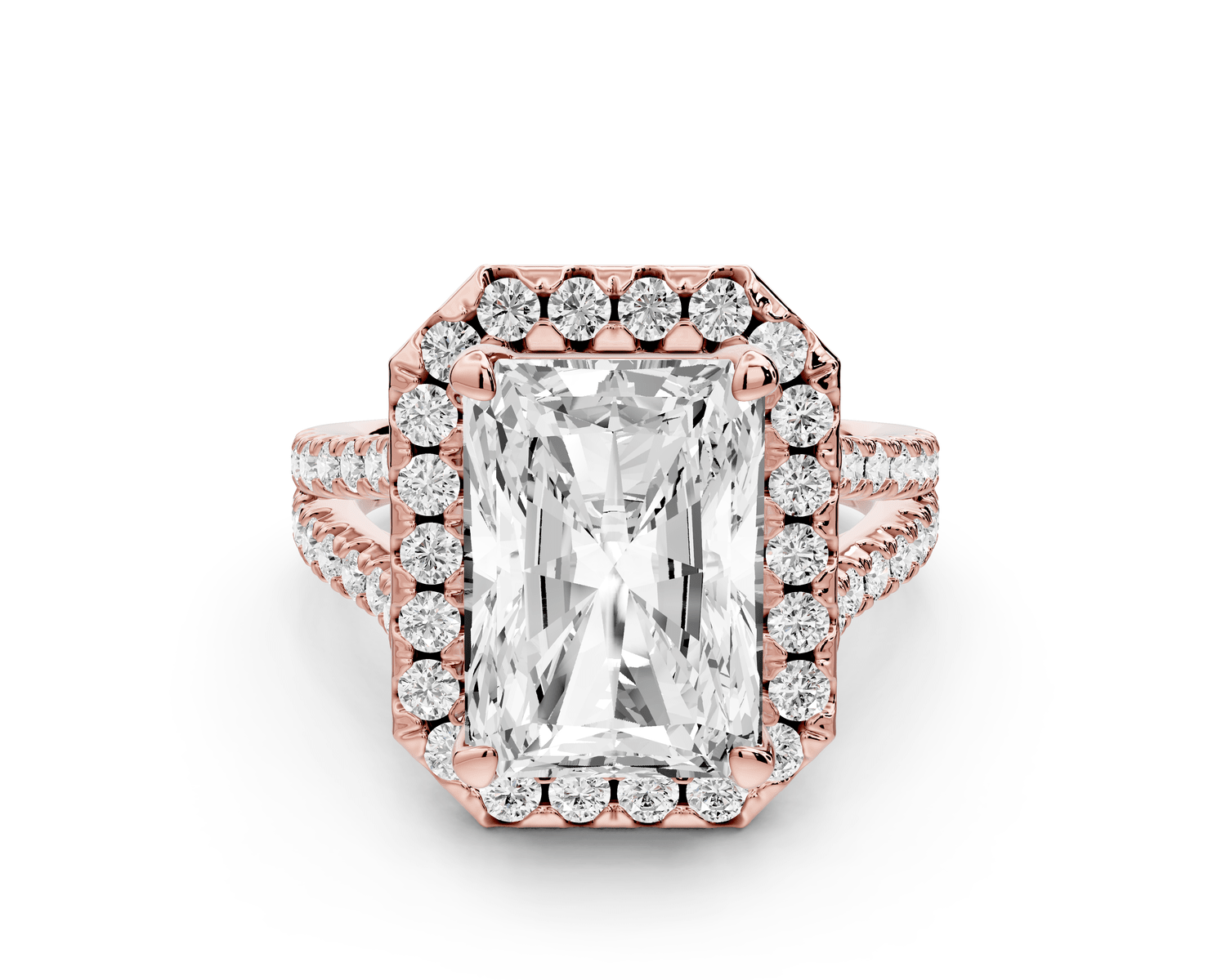 Gabrielle - 5ct 18k rose gold radiant Diamond Graduated Halo Pavé Split Shank Engagement Ring - Mr. Alex Jewelry