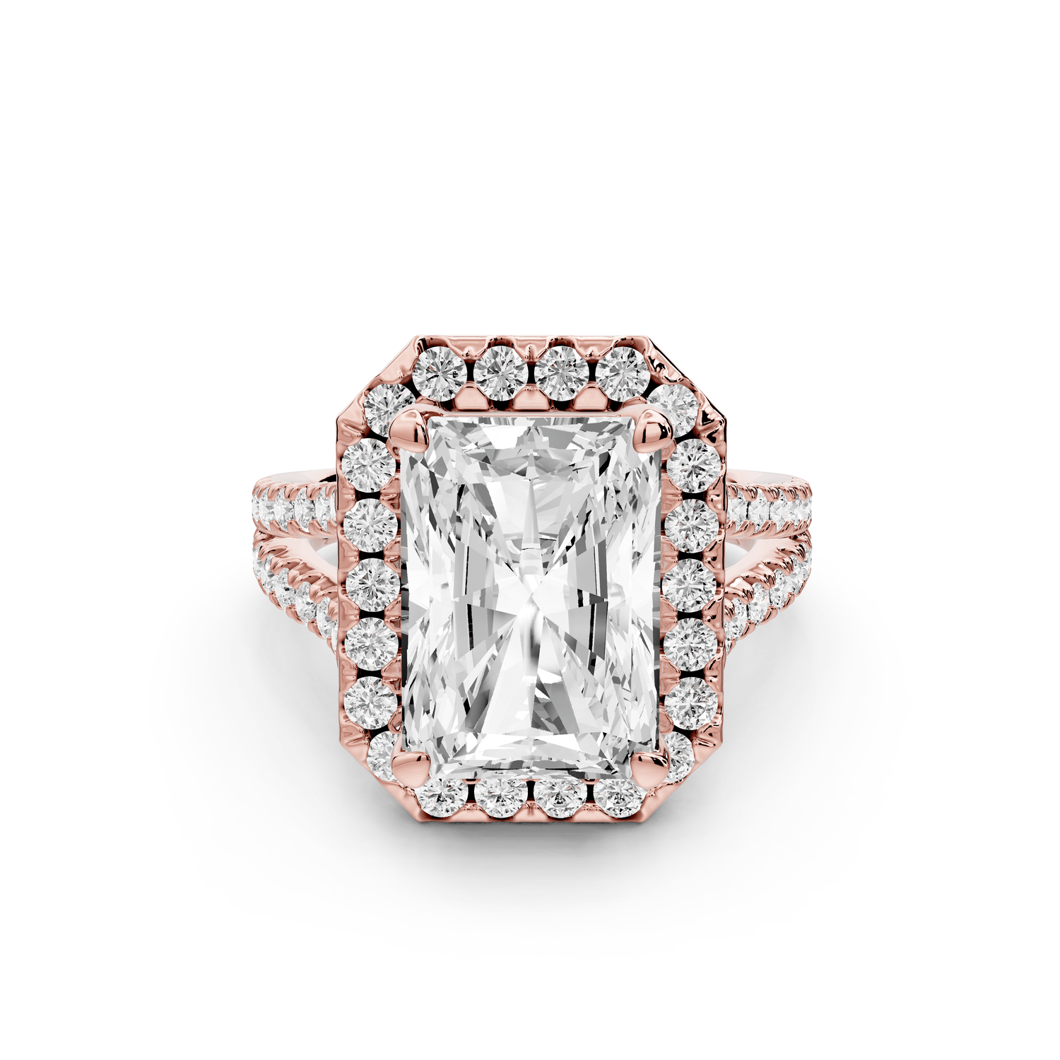 Gabrielle - 5ct 18k rose gold radiant Diamond Graduated Halo Pavé Split Shank Engagement Ring - Mr. Alex Jewelry