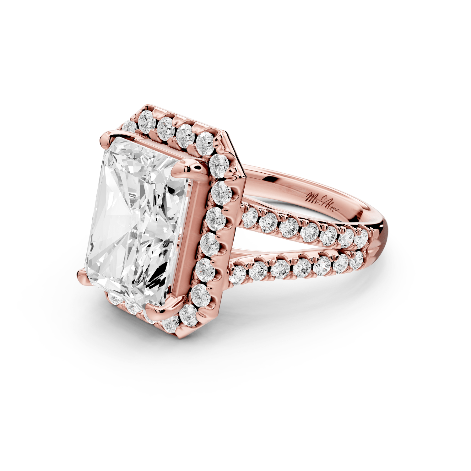 Gabrielle - 5ct 18k rose gold radiant Diamond Graduated Halo Pavé Split Shank Engagement Ring - Mr. Alex Jewelry