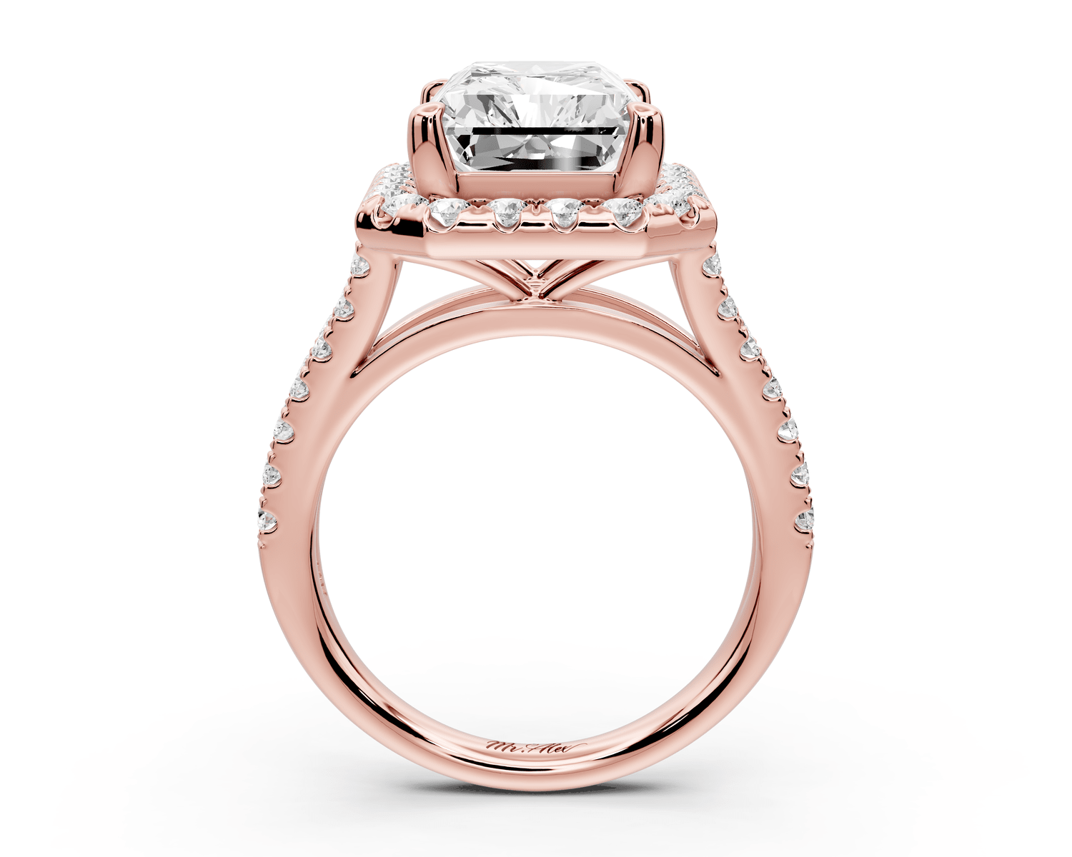 Gabrielle - 5ct 18k rose gold radiant Diamond Graduated Halo Pavé Split Shank Engagement Ring - Mr. Alex Jewelry