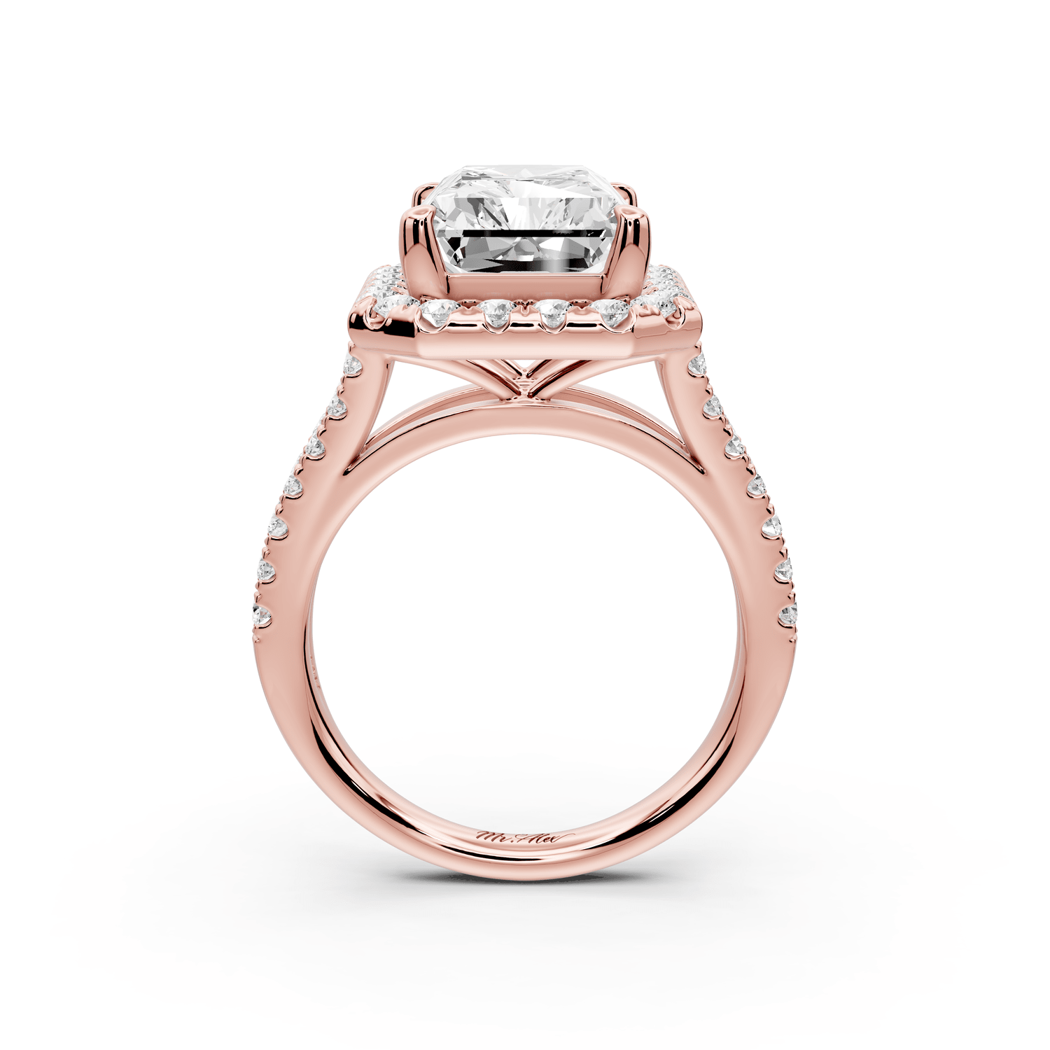 Gabrielle - 5ct 18k rose gold radiant Diamond Graduated Halo Pavé Split Shank Engagement Ring - Mr. Alex Jewelry