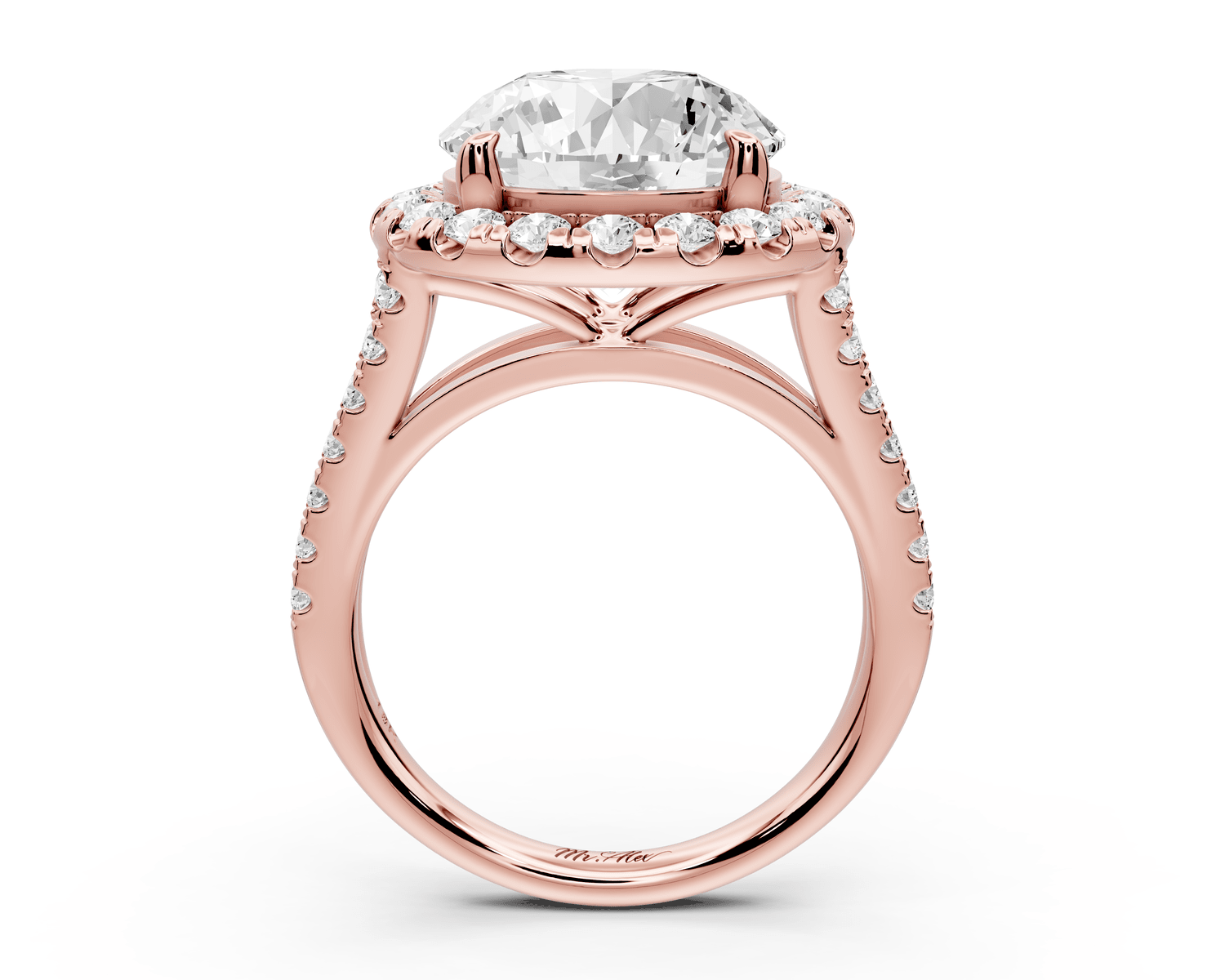 Gabrielle - 5ct 18k rose gold round Diamond Graduated Halo Pavé Split Shank Engagement Ring - Mr. Alex Jewelry