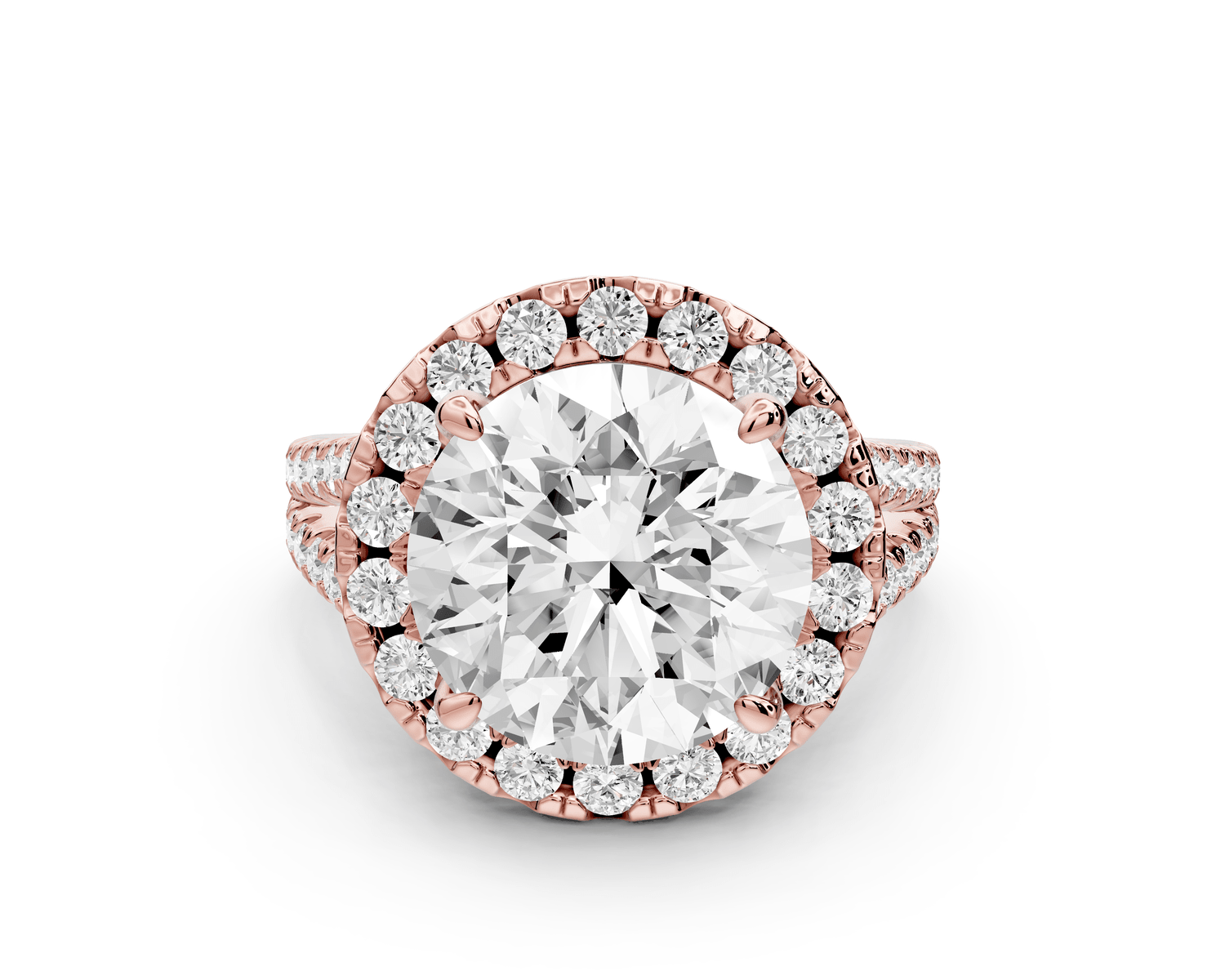 Gabrielle - 5ct 18k rose gold round Diamond Graduated Halo Pavé Split Shank Engagement Ring - Mr. Alex Jewelry