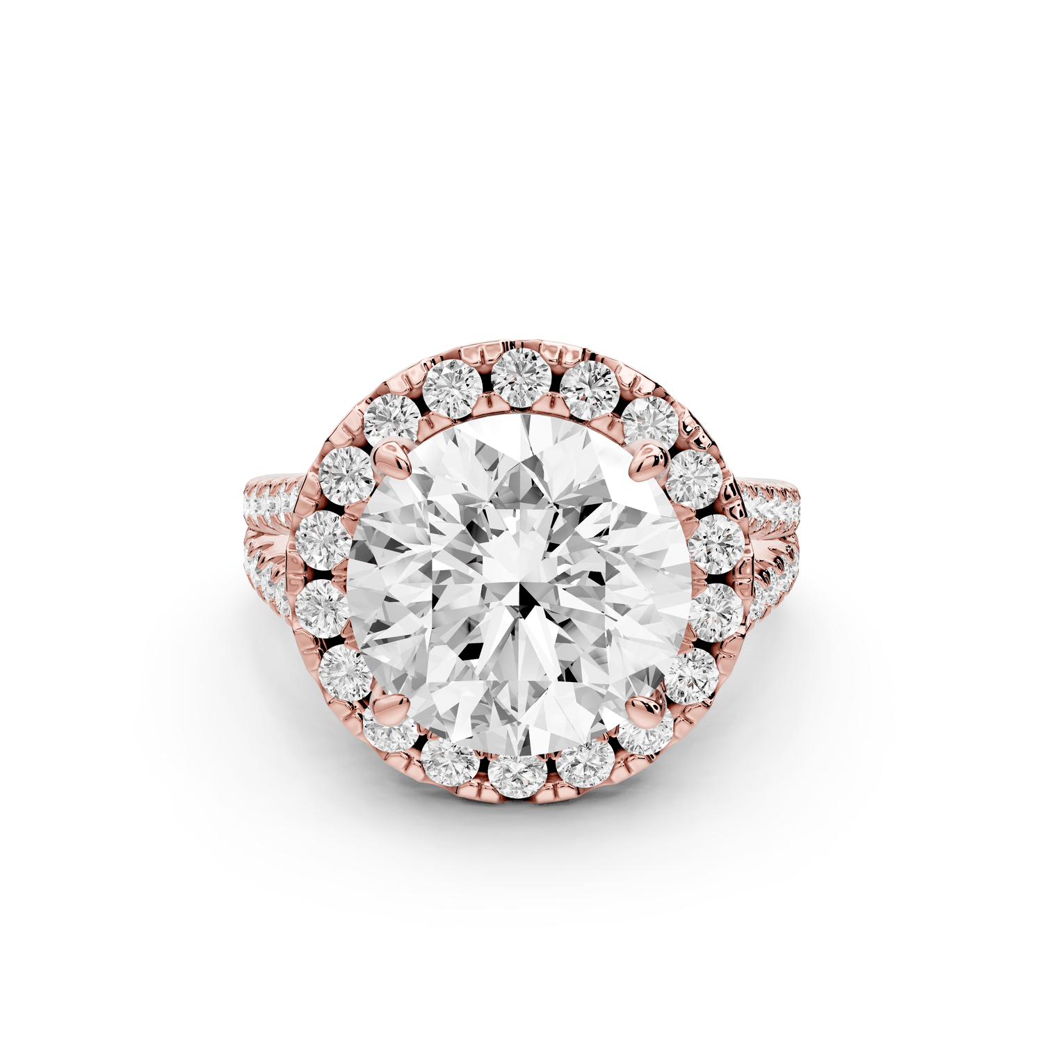 Gabrielle - 5ct 18k rose gold round Diamond Graduated Halo Pavé Split Shank Engagement Ring - Mr. Alex Jewelry
