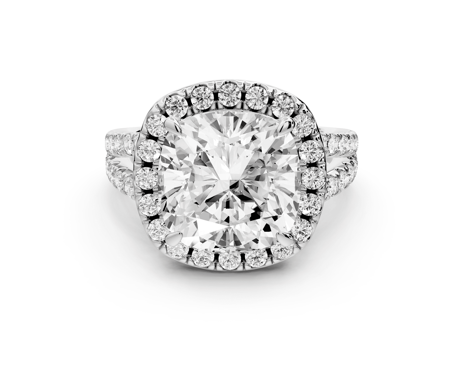 Gabrielle - 5ct 18k white gold cushion Diamond Graduated Halo Pavé Split Shank Engagement Ring - Mr. Alex Jewelry