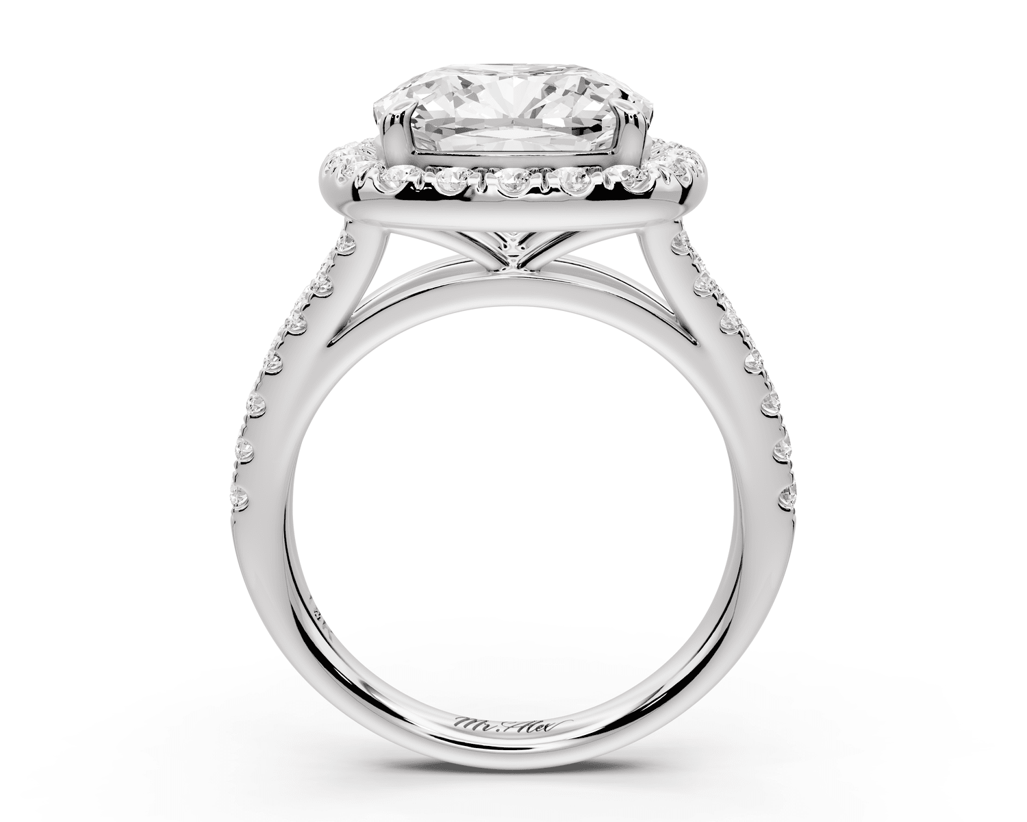 Gabrielle - 5ct 18k white gold cushion Diamond Graduated Halo Pavé Split Shank Engagement Ring - Mr. Alex Jewelry
