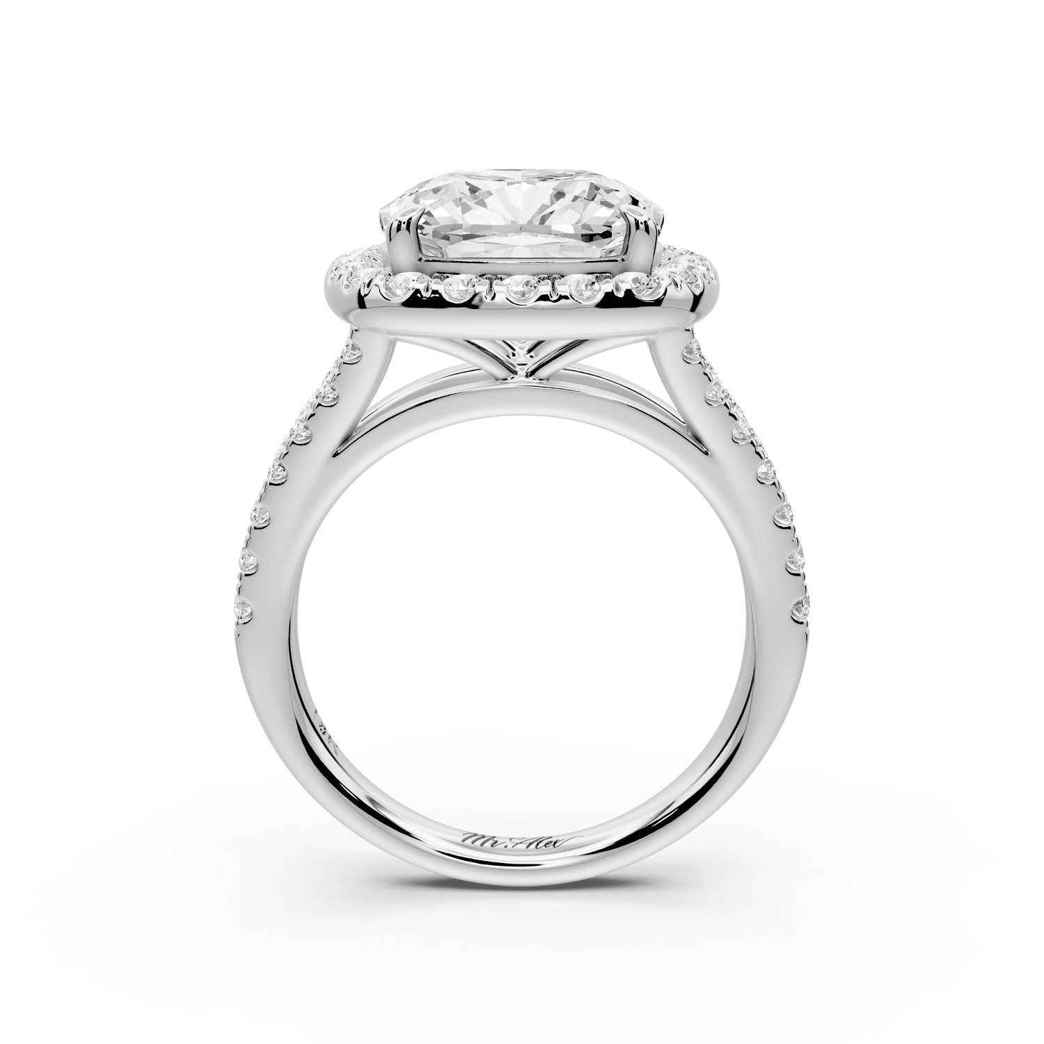 Gabrielle - 5ct 18k white gold cushion Diamond Graduated Halo Pavé Split Shank Engagement Ring - Mr. Alex Jewelry
