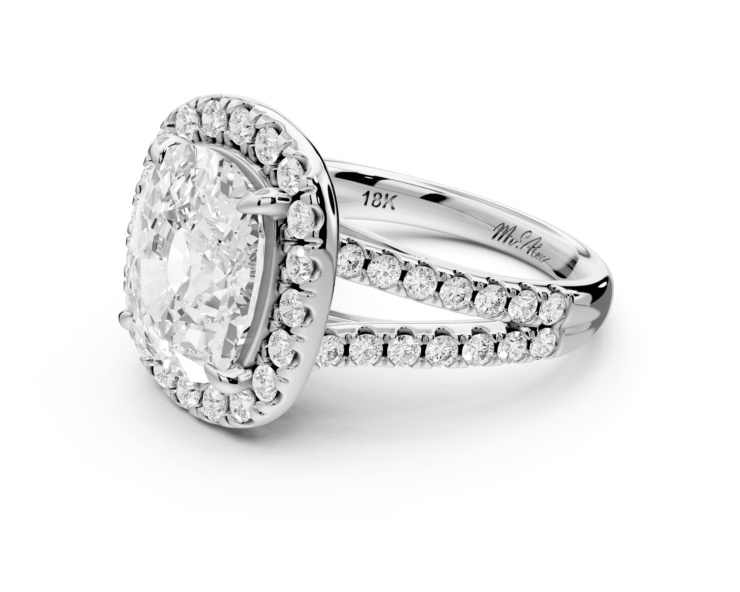 Gabrielle - 5ct 18k white gold ecushion Diamond Graduated Halo Pavé Split Shank Engagement Ring - Mr. Alex Jewelry