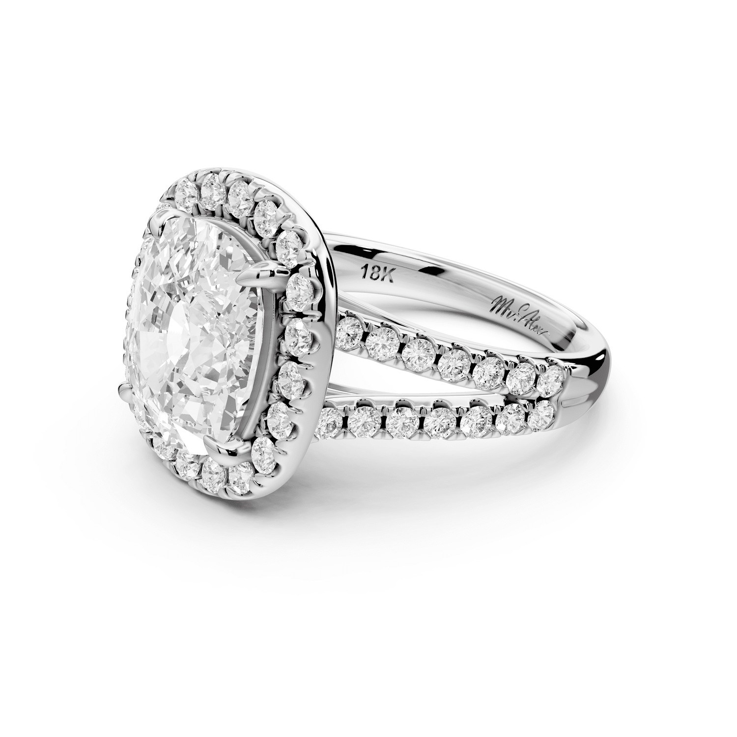 Gabrielle - 5ct 18k white gold ecushion Diamond Graduated Halo Pavé Split Shank Engagement Ring - Mr. Alex Jewelry
