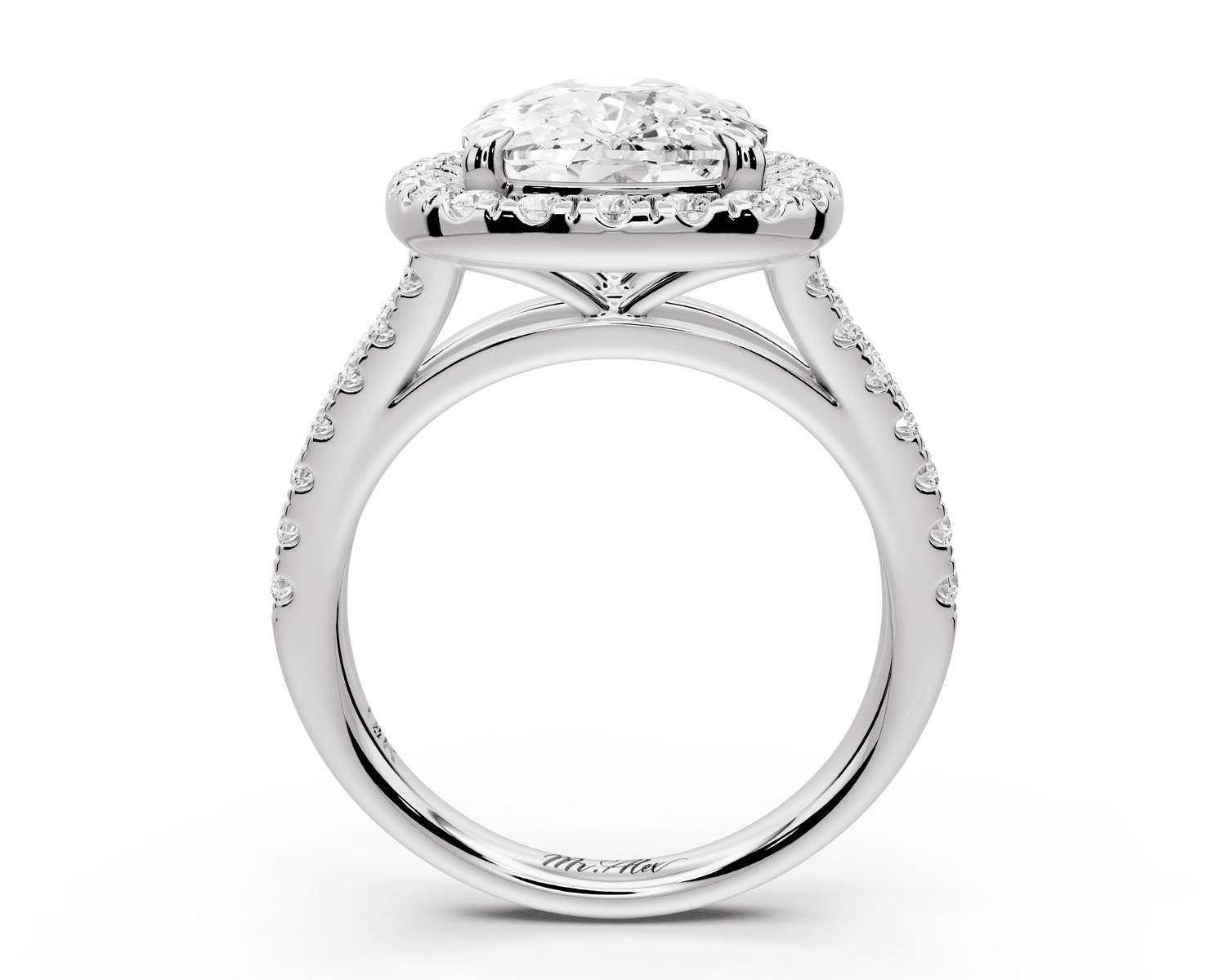 Gabrielle - 5ct 18k white gold ecushion Diamond Graduated Halo Pavé Split Shank Engagement Ring - Mr. Alex Jewelry
