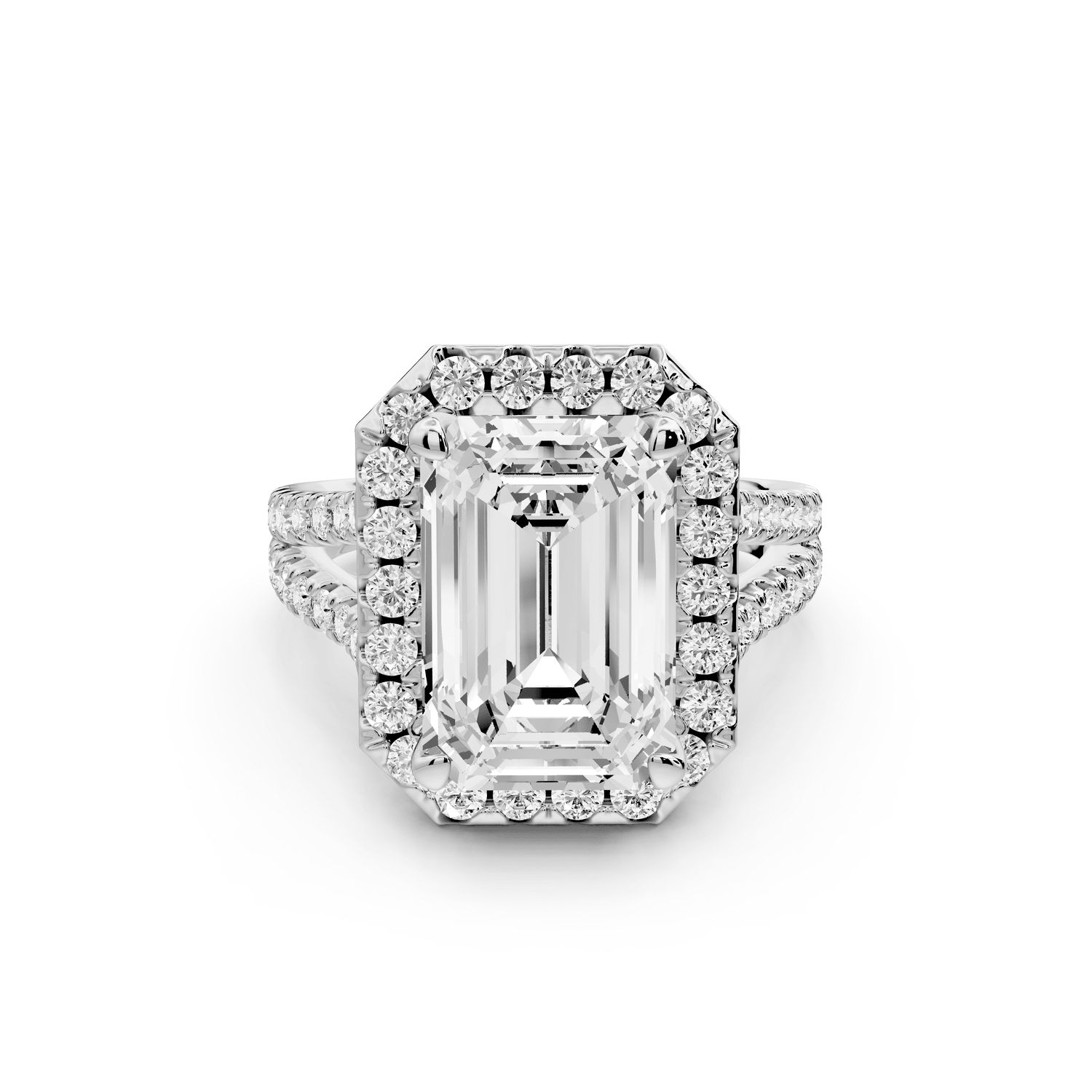 Gabrielle - 5ct 18k white gold emerald Diamond Graduated Halo Pavé Split Shank Engagement Ring - Mr. Alex Jewelry