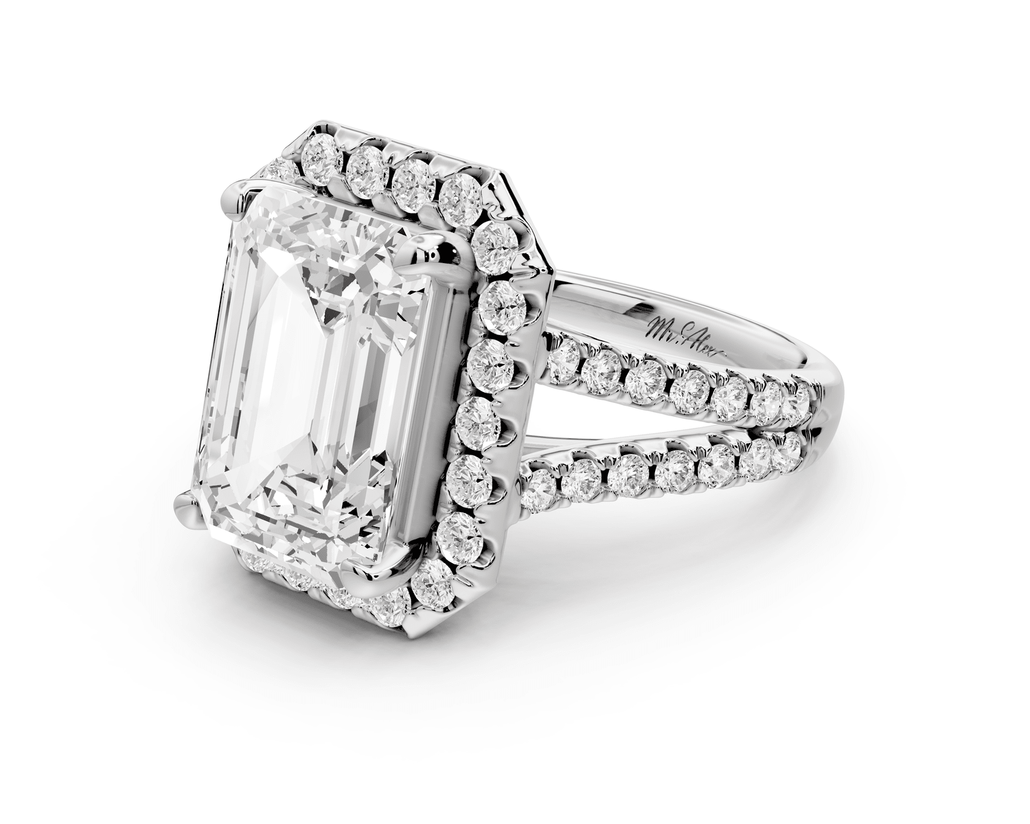 Gabrielle - 5ct 18k white gold emerald Diamond Graduated Halo Pavé Split Shank Engagement Ring - Mr. Alex Jewelry