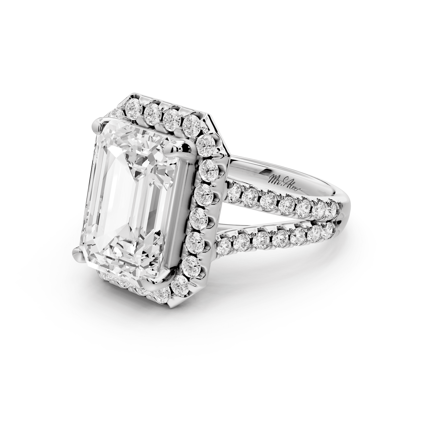 Gabrielle - 5ct 18k white gold emerald Diamond Graduated Halo Pavé Split Shank Engagement Ring - Mr. Alex Jewelry