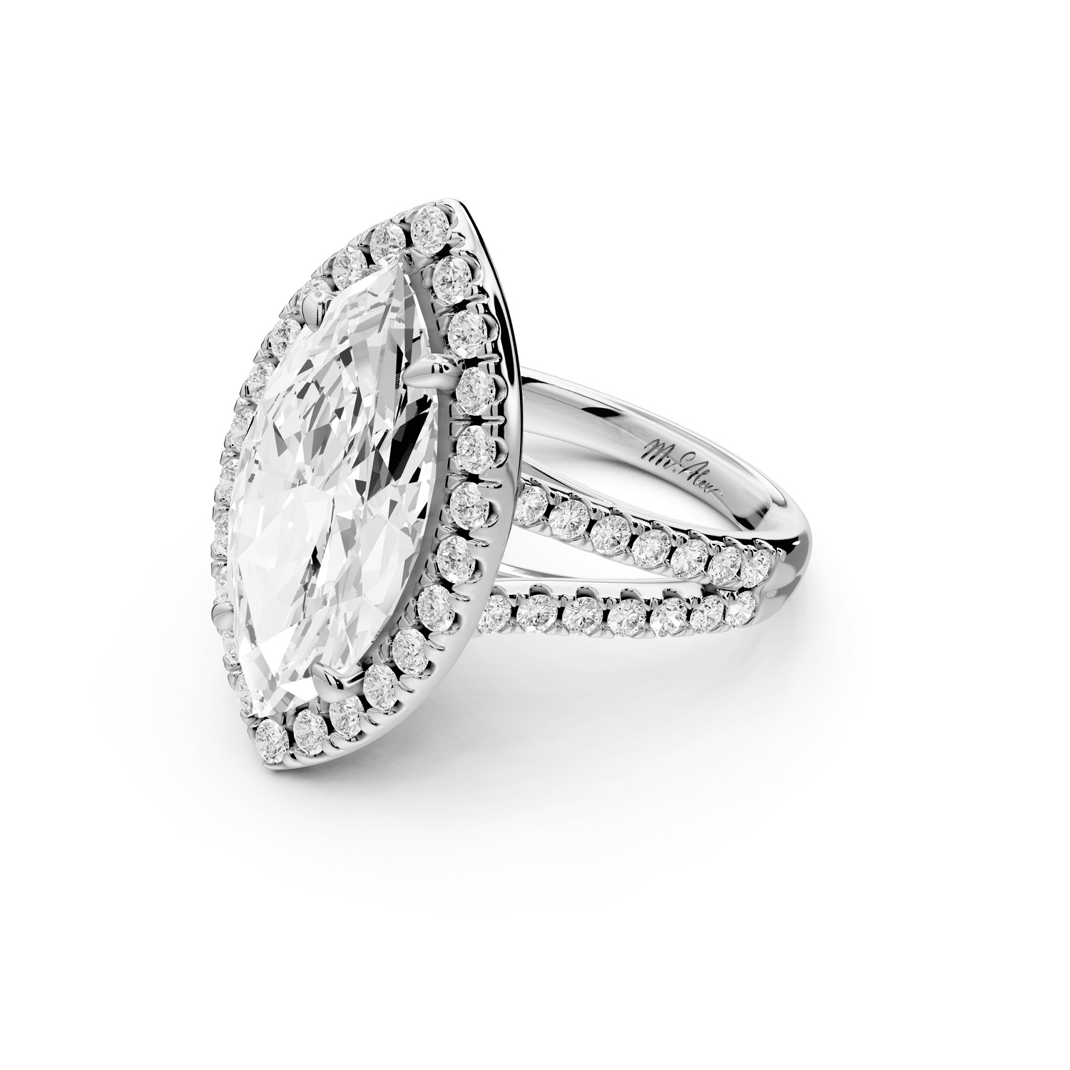 Gabrielle - 5ct 18k white gold marquise Diamond Graduated Halo Pavé Split Shank Engagement Ring - Mr. Alex Jewelry