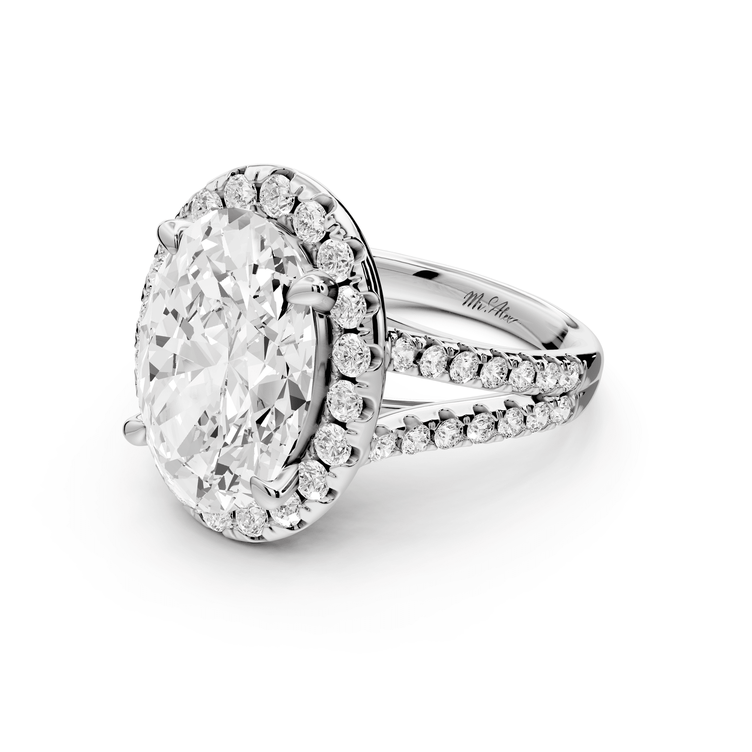 Gabrielle - 5ct 18k white gold oval Diamond Graduated Halo Pavé Split Shank Engagement Ring - Mr. Alex Jewelry