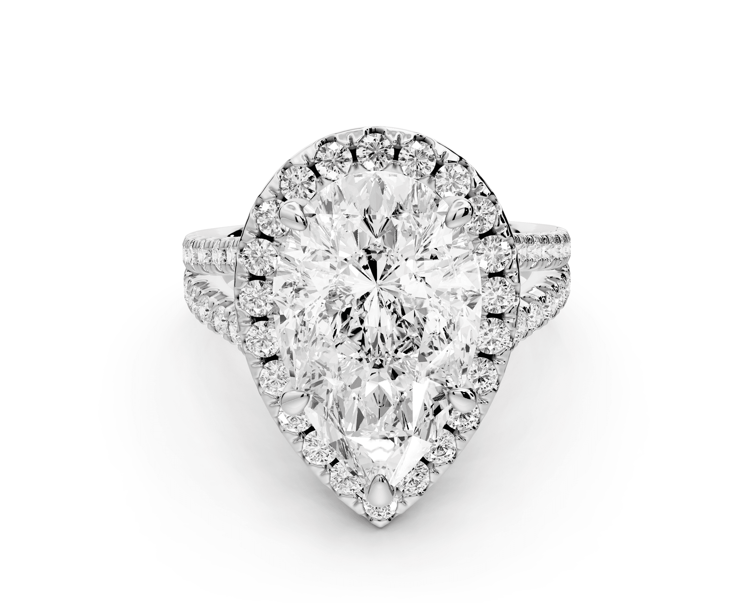 Gabrielle - 5ct 18k white gold pear Diamond Graduated Halo Pavé Split Shank Engagement Ring - Mr. Alex Jewelry