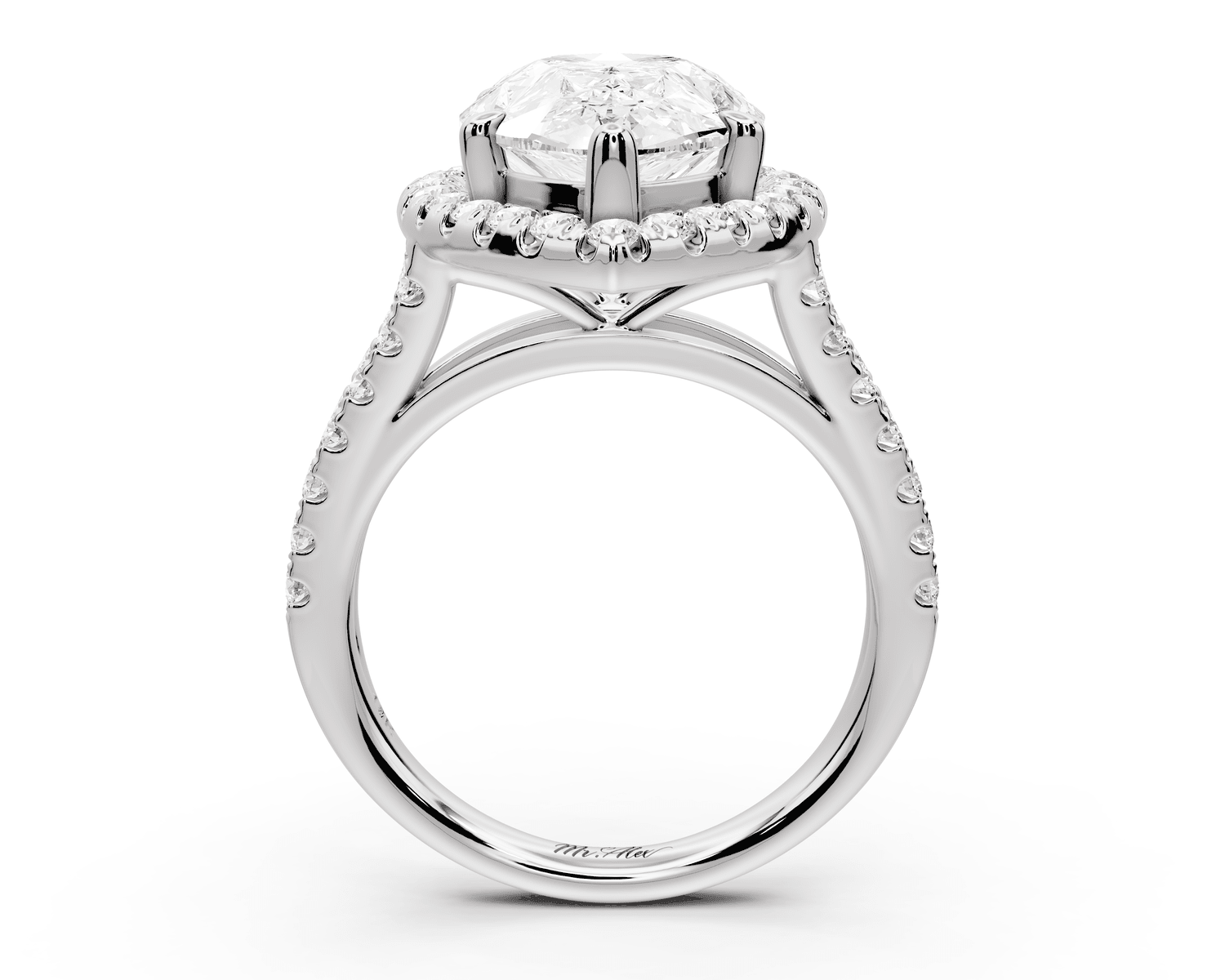 Gabrielle - 5ct 18k white gold pear Diamond Graduated Halo Pavé Split Shank Engagement Ring - Mr. Alex Jewelry