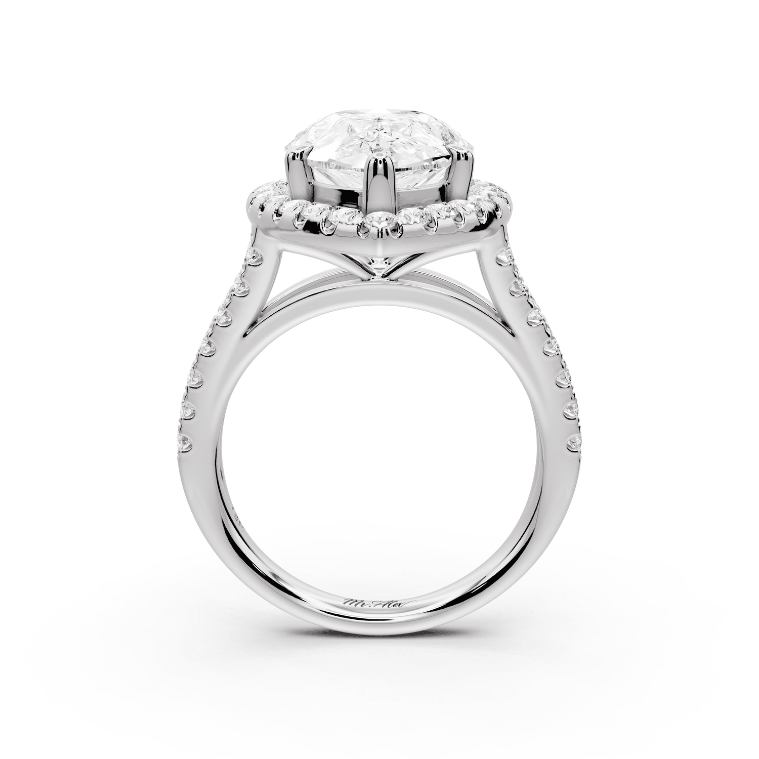 Gabrielle - 5ct 18k white gold pear Diamond Graduated Halo Pavé Split Shank Engagement Ring - Mr. Alex Jewelry