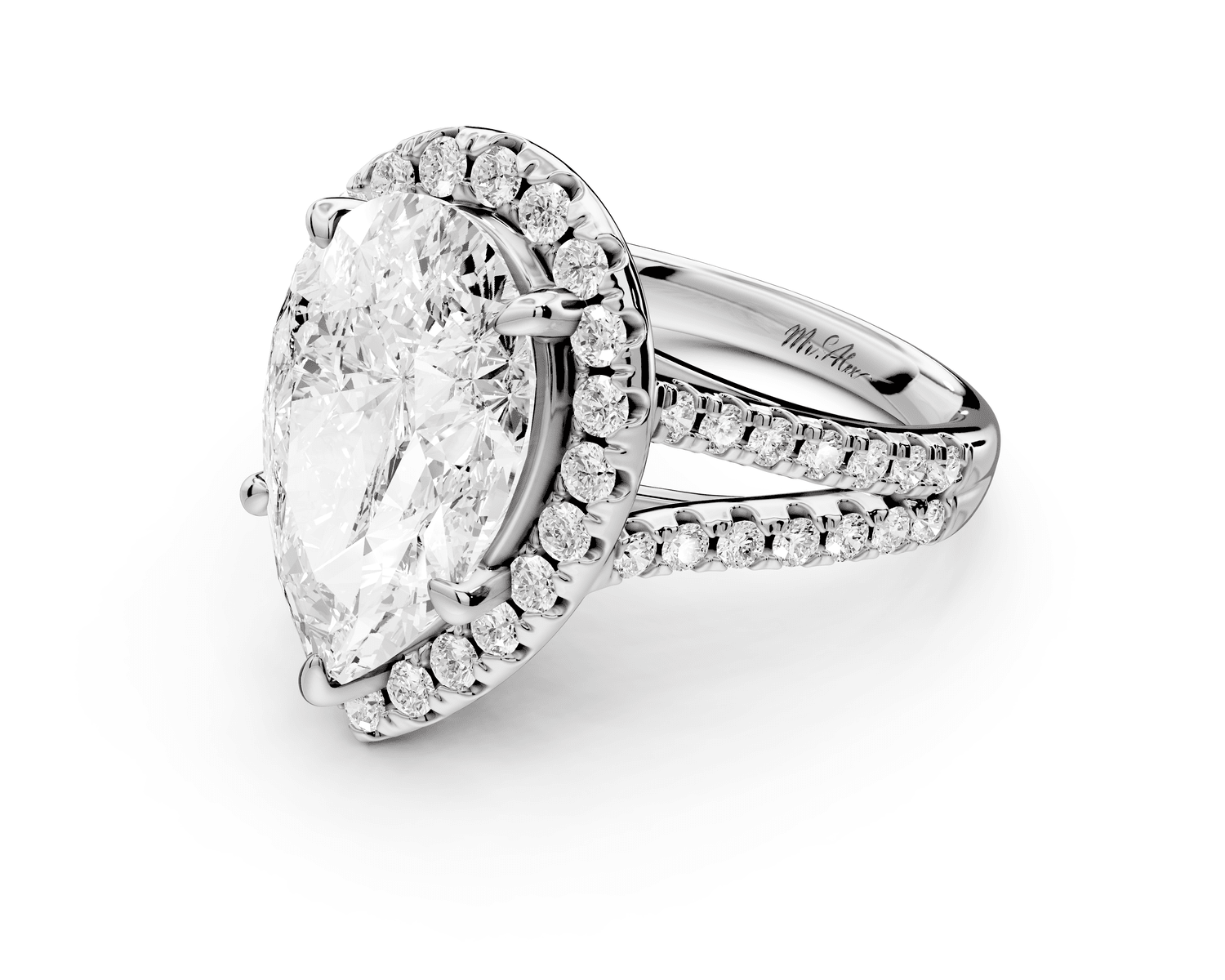 Gabrielle - 5ct 18k white gold pear Diamond Graduated Halo Pavé Split Shank Engagement Ring - Mr. Alex Jewelry
