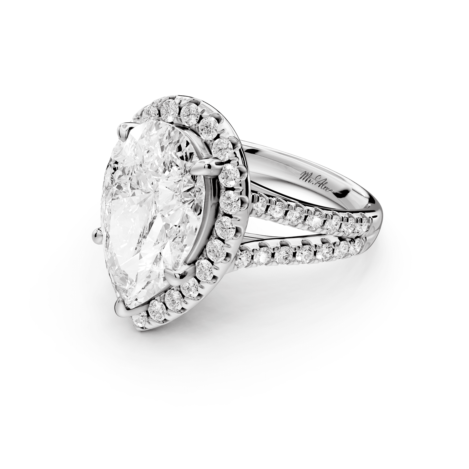 Gabrielle - 5ct 18k white gold pear Diamond Graduated Halo Pavé Split Shank Engagement Ring - Mr. Alex Jewelry