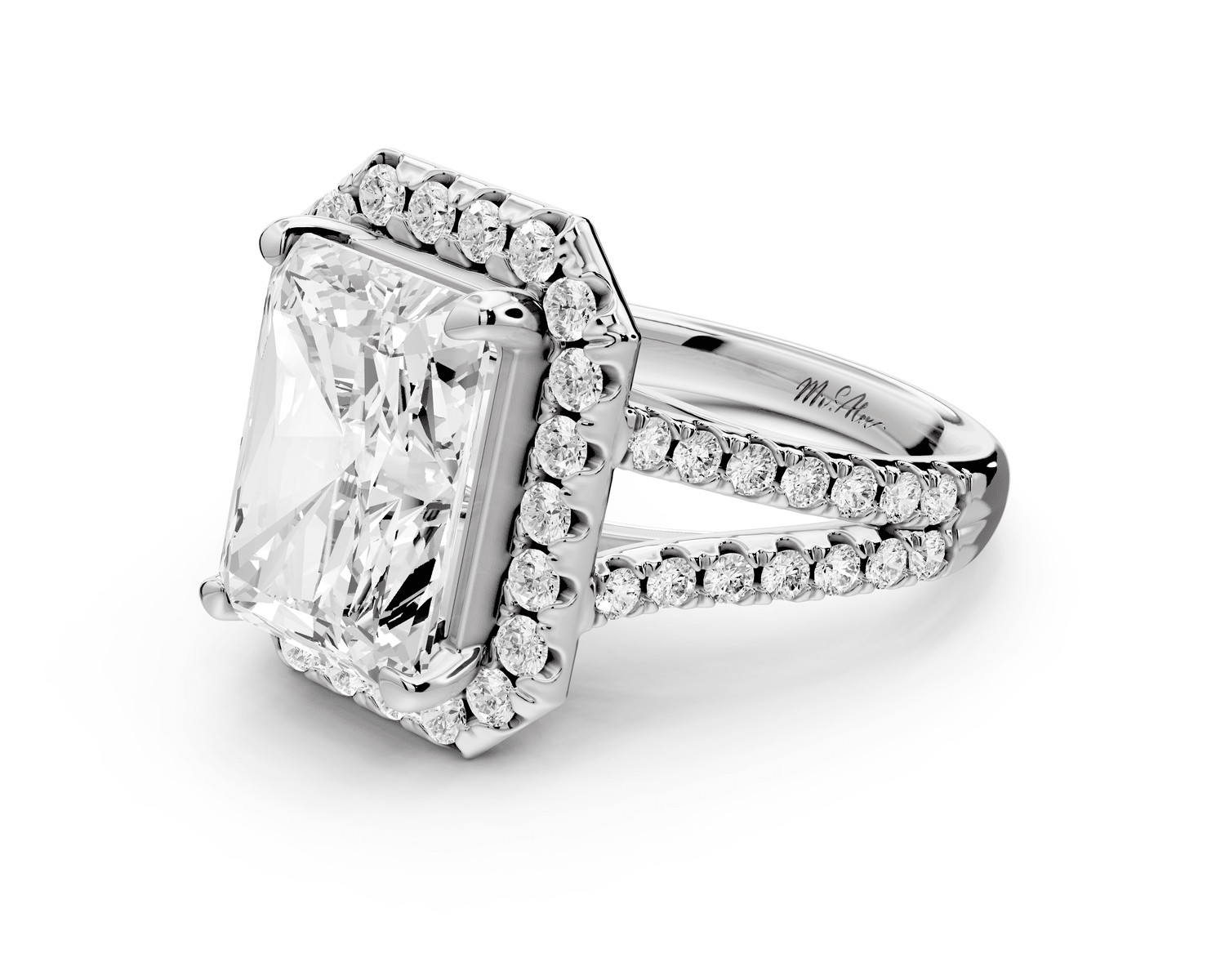 Gabrielle - 5ct 18k white gold radiant Diamond Graduated Halo Pavé Split Shank Engagement Ring - Mr. Alex Jewelry