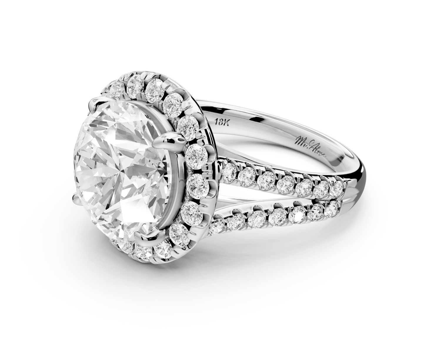 Gabrielle - 5ct 18k white gold round Diamond Graduated Halo Pavé Split Shank Engagement Ring - Mr. Alex Jewelry