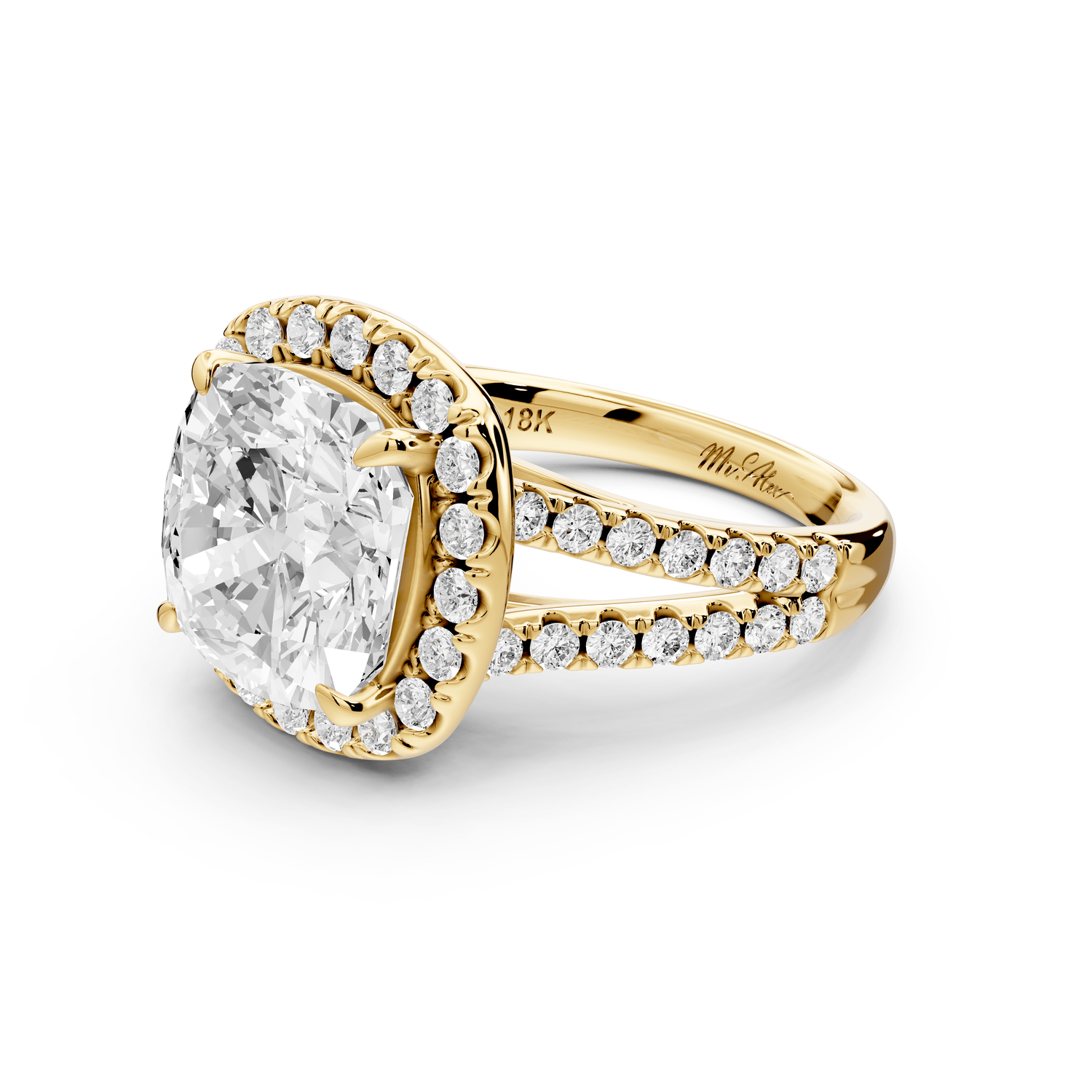Gabrielle - 5ct 18k yellow gold cushion Diamond Graduated Halo Pavé Split Shank Engagement Ring - Mr. Alex Jewelry