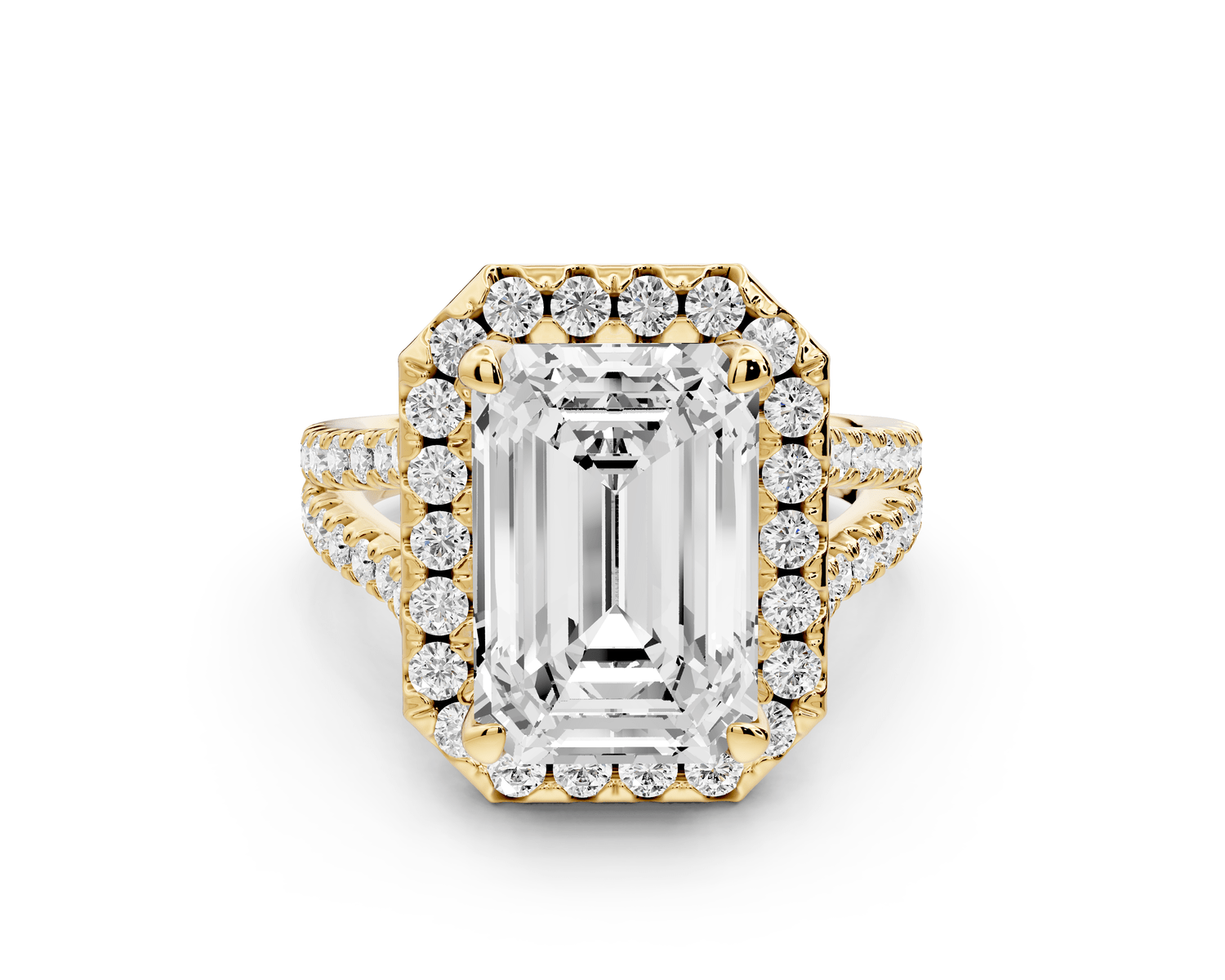 Gabrielle - 5ct 18k yellow gold emerald Diamond Graduated Halo Pavé Split Shank Engagement Ring - Mr. Alex Jewelry