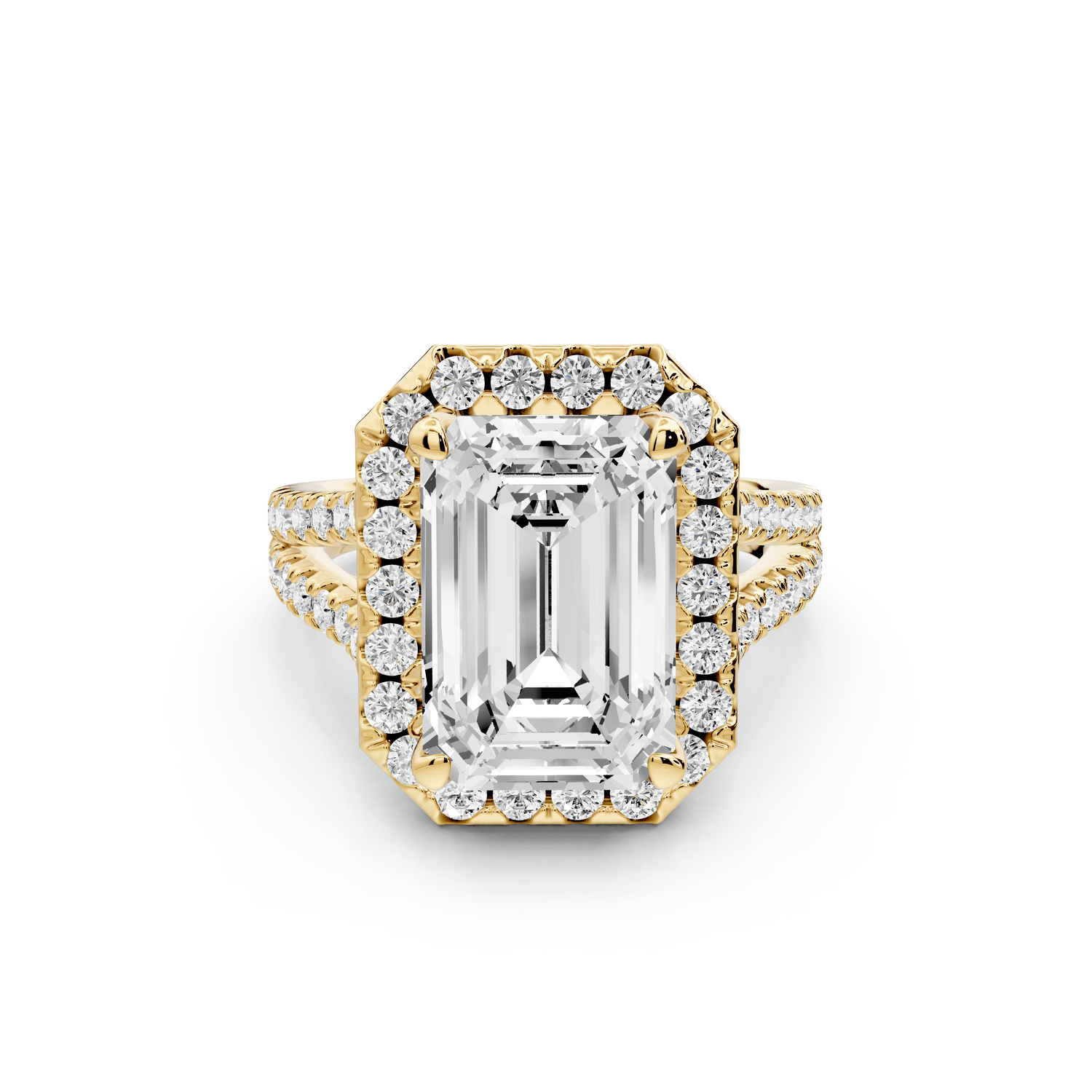 Gabrielle - 5ct 18k yellow gold emerald Diamond Graduated Halo Pavé Split Shank Engagement Ring - Mr. Alex Jewelry